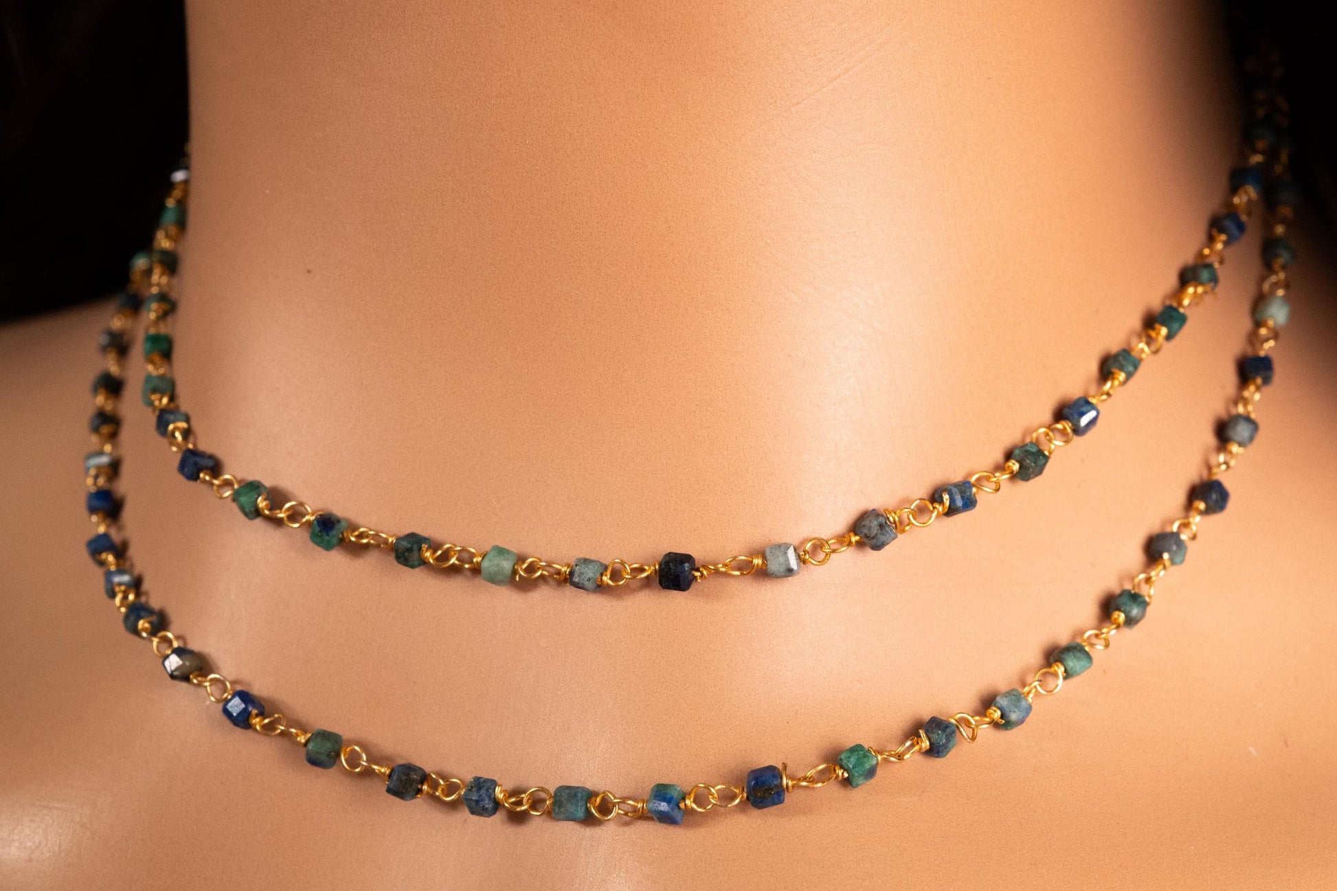 Chrysocolla square cube shape Wire Wrapped handmade gold gold Necklace, choker, layering , Holiday Gift, 14"- 30". Very beautiful