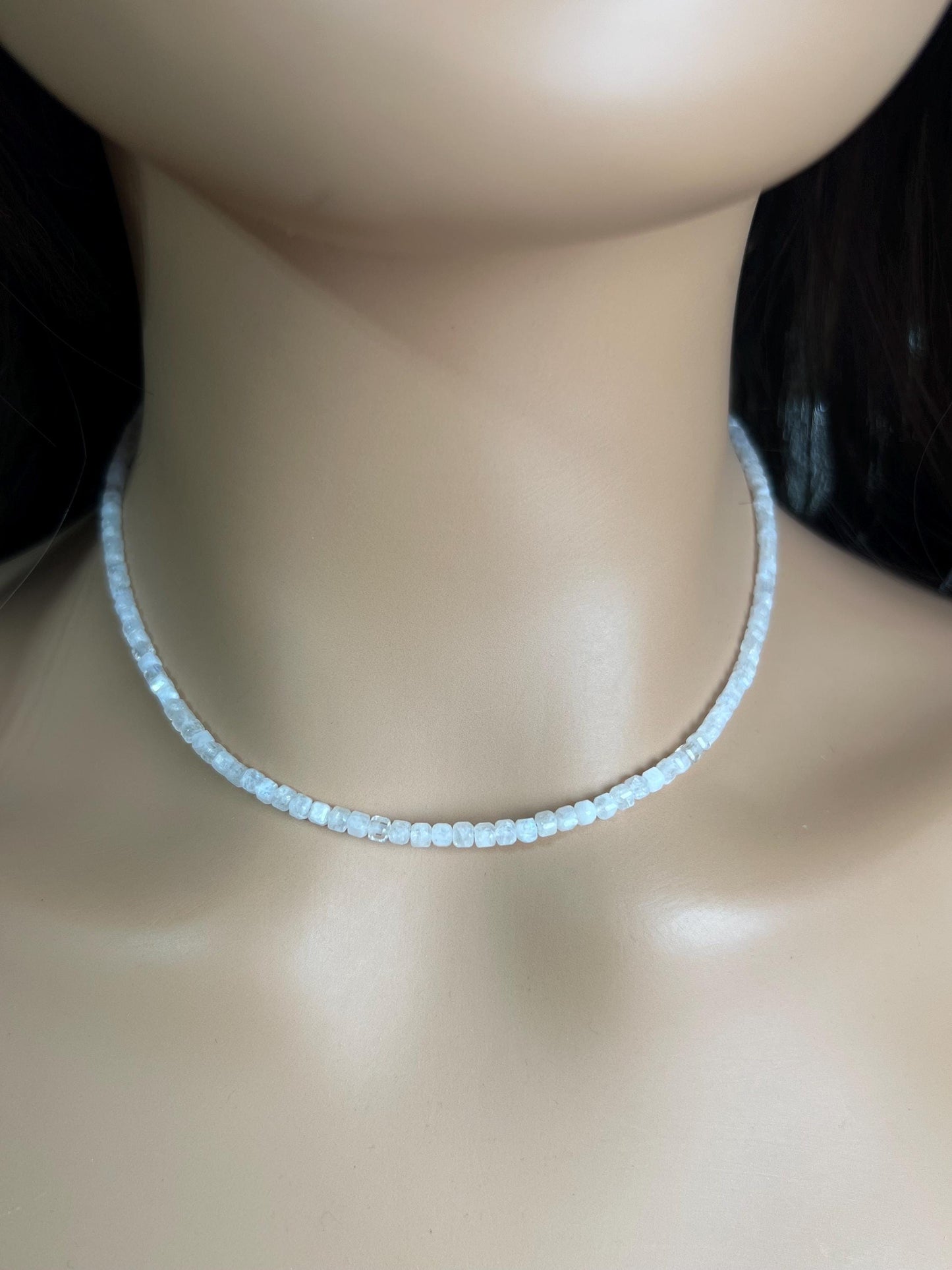 Natural Moonstone square Cube Silver white Necklace for Man and woman, minimalist chakra healing gift
