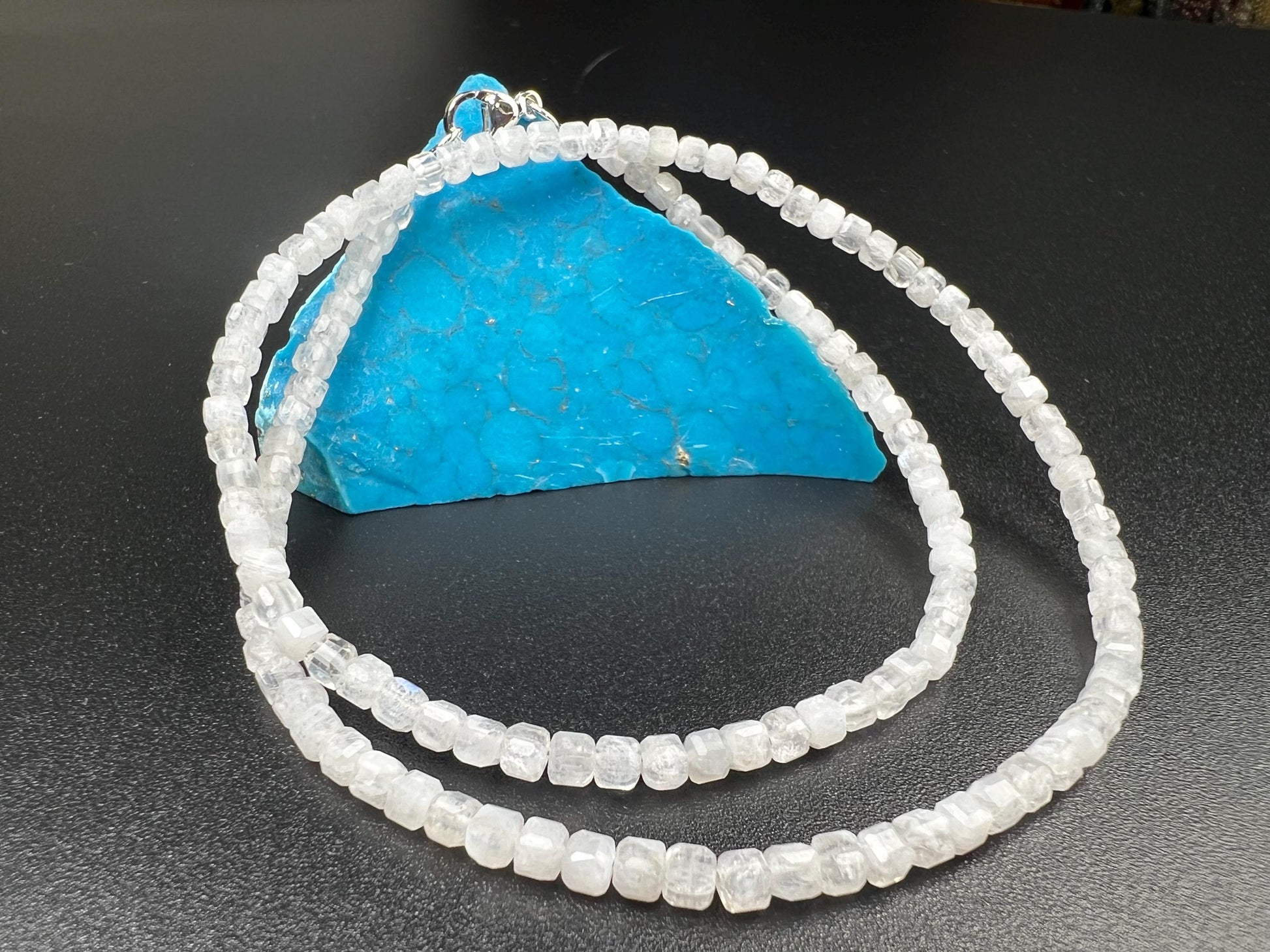 Natural Moonstone square Cube Silver white Necklace for Man and woman, minimalist chakra healing gift