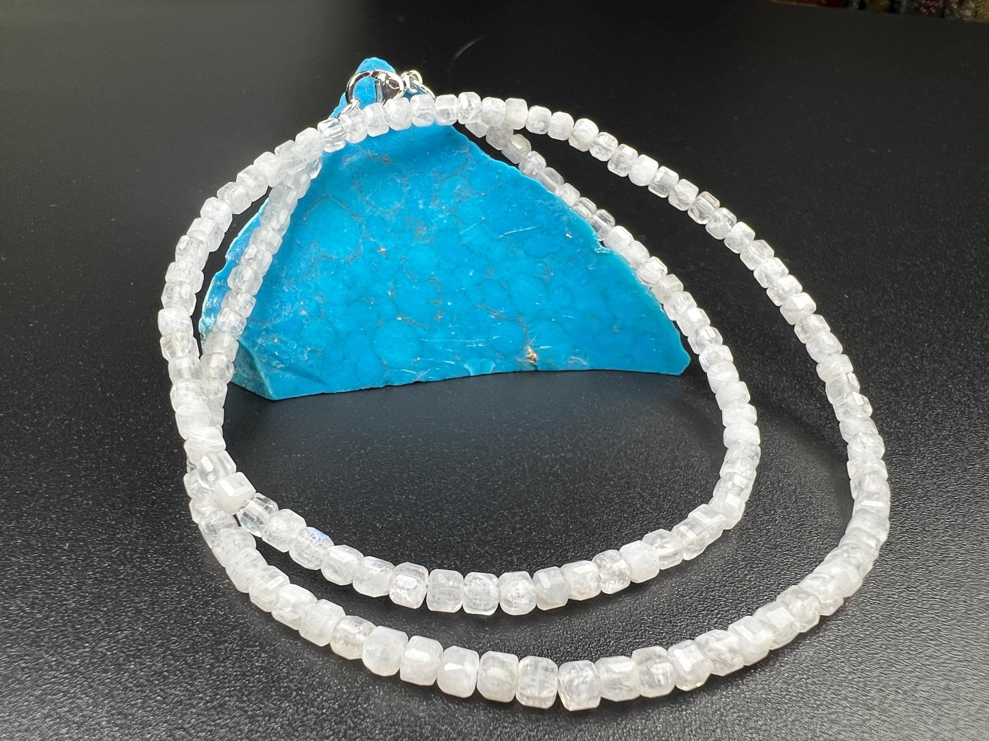 Natural Moonstone square Cube Silver white Necklace for Man and woman, minimalist chakra healing gift