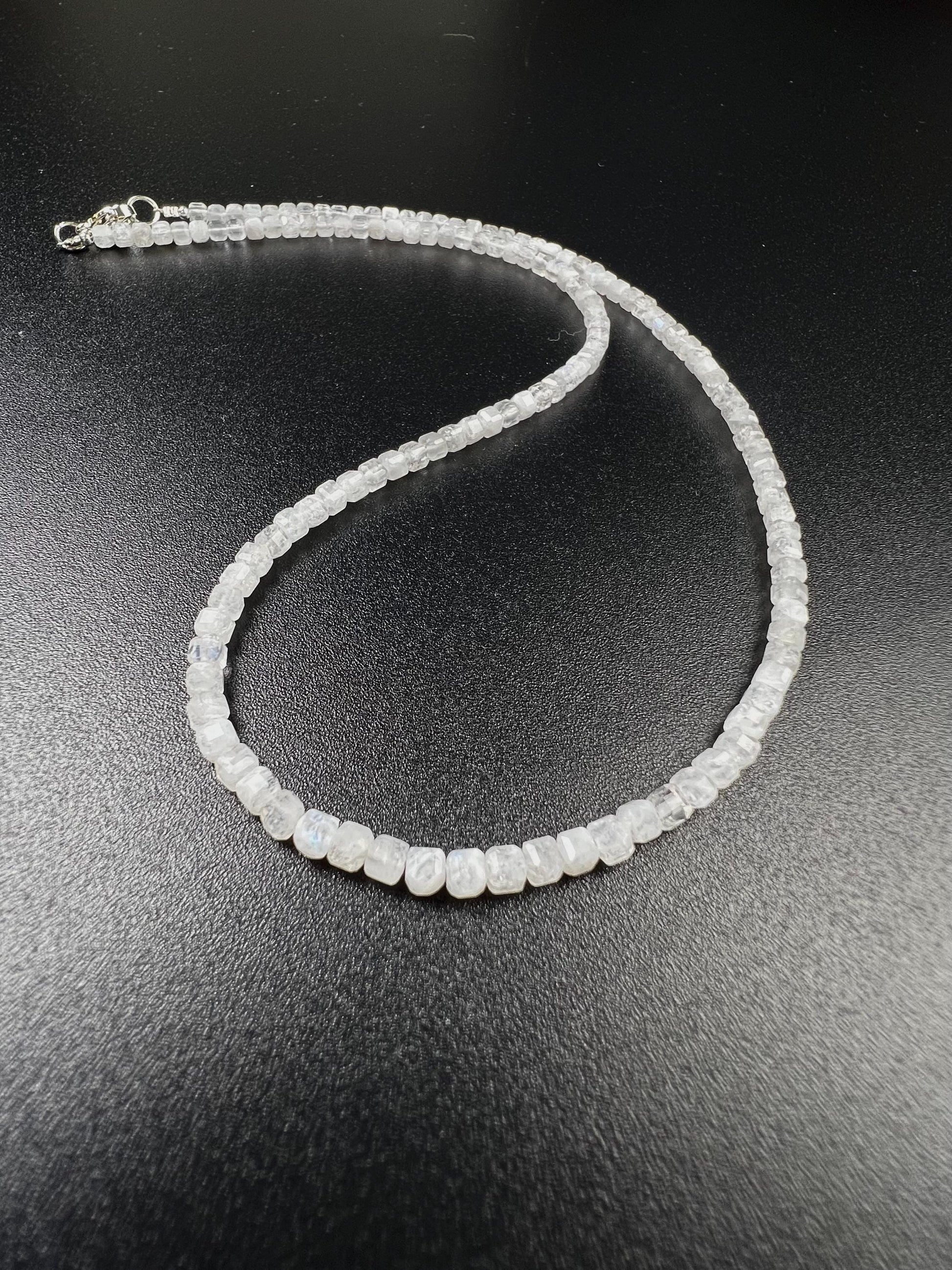 Natural Moonstone square Cube Silver white Necklace for Man and woman, minimalist chakra healing gift