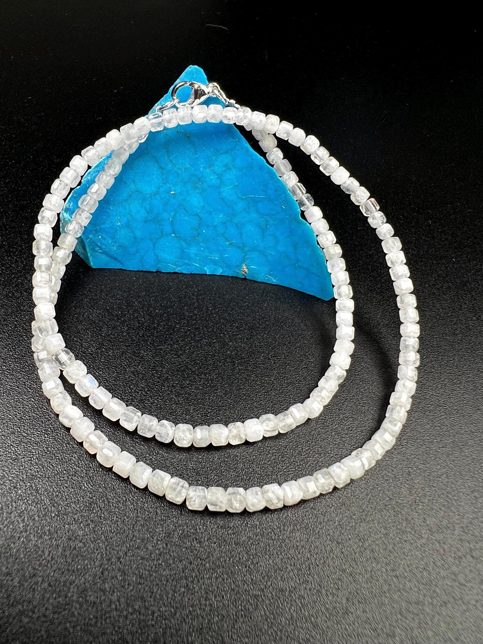 Natural Moonstone square Cube Silver white Necklace for Man and woman, minimalist chakra healing gift