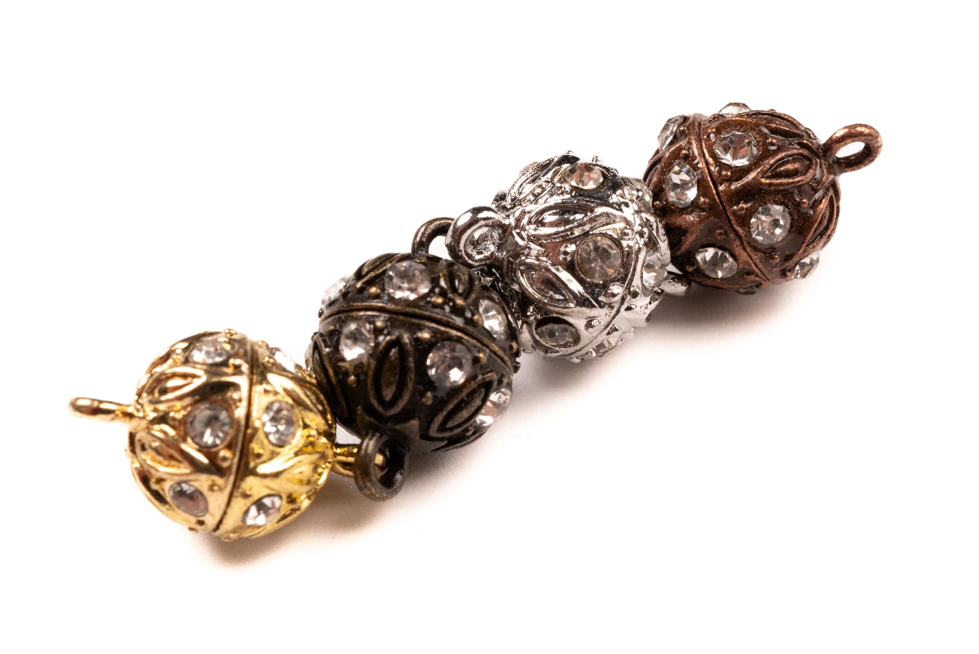 2 sets Silver, Gold, Antique Bronze 12mm Ball clasp with Rhinestone crystal setting, jewelry making Mag Ball clasp. 2 pcs sets
