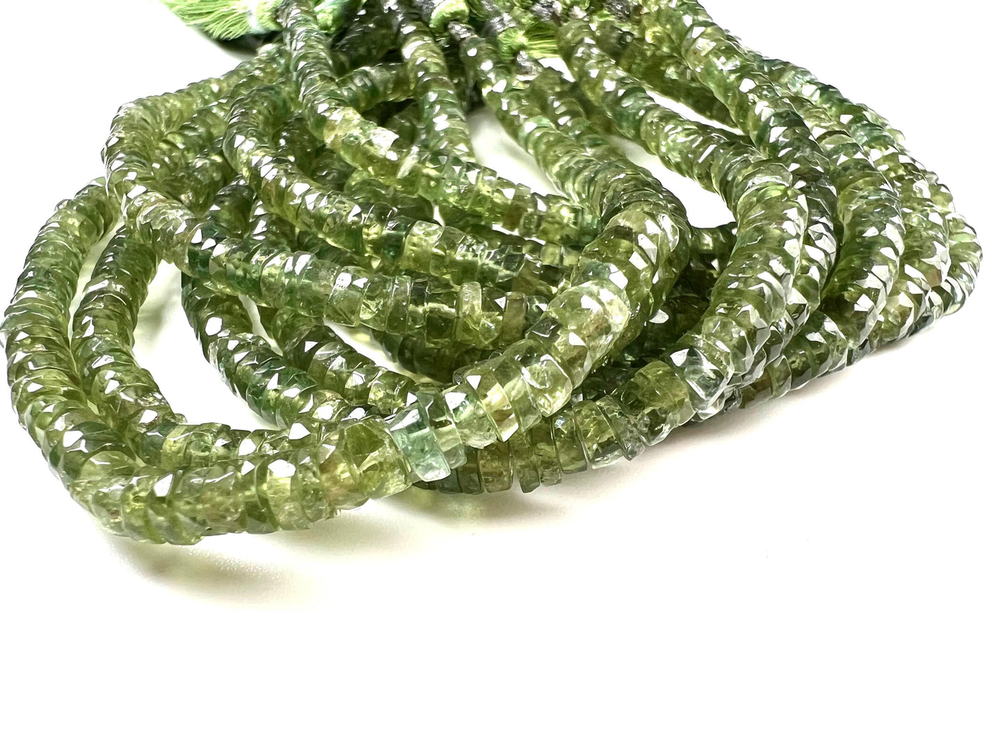 Natural Green Apatite Heishi Weel faceted handcut roundel beads for jewelry making 5mm 8” organic strand