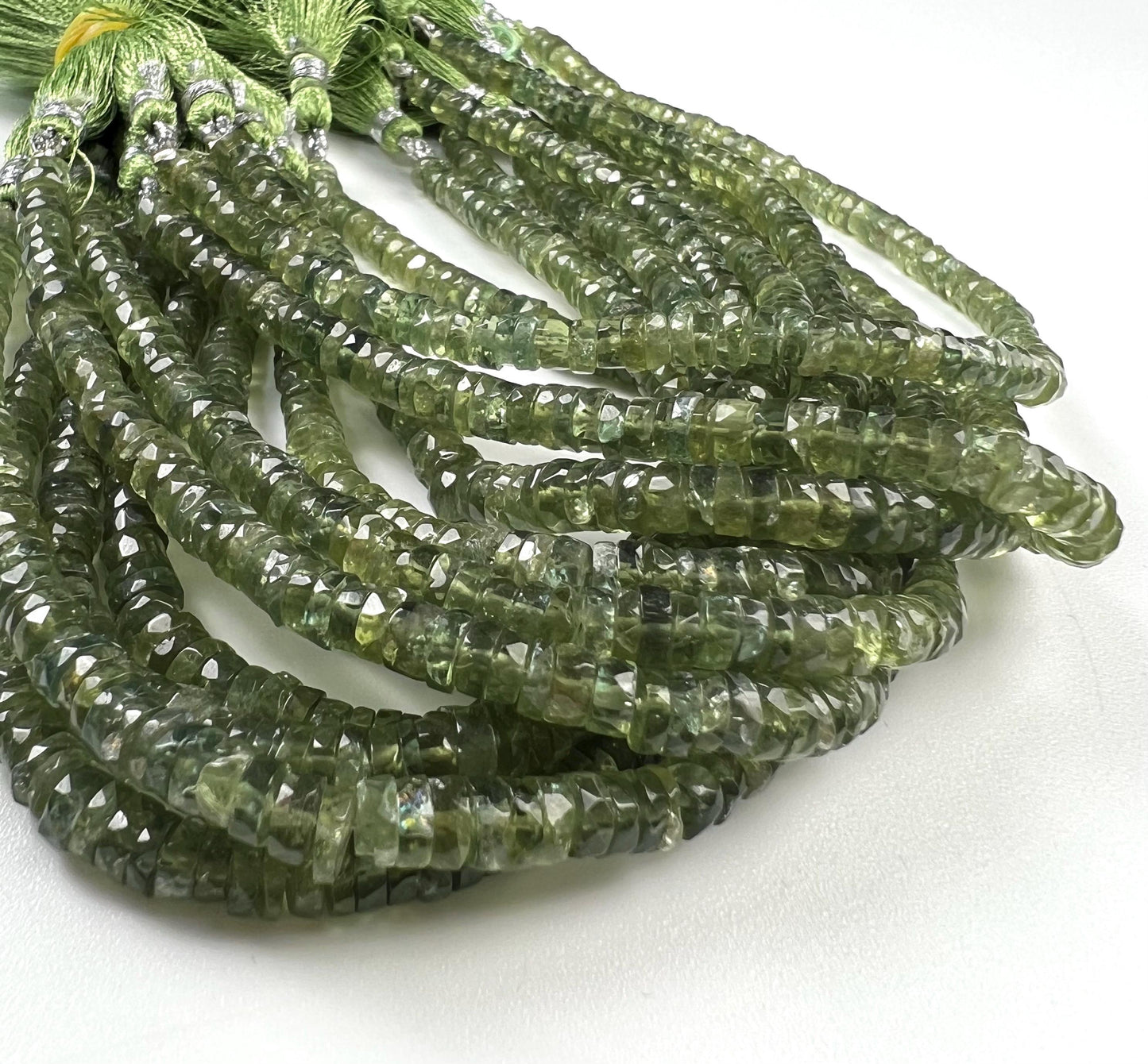 Natural Green Apatite Heishi Weel faceted handcut roundel beads for jewelry making 5mm 8” organic strand