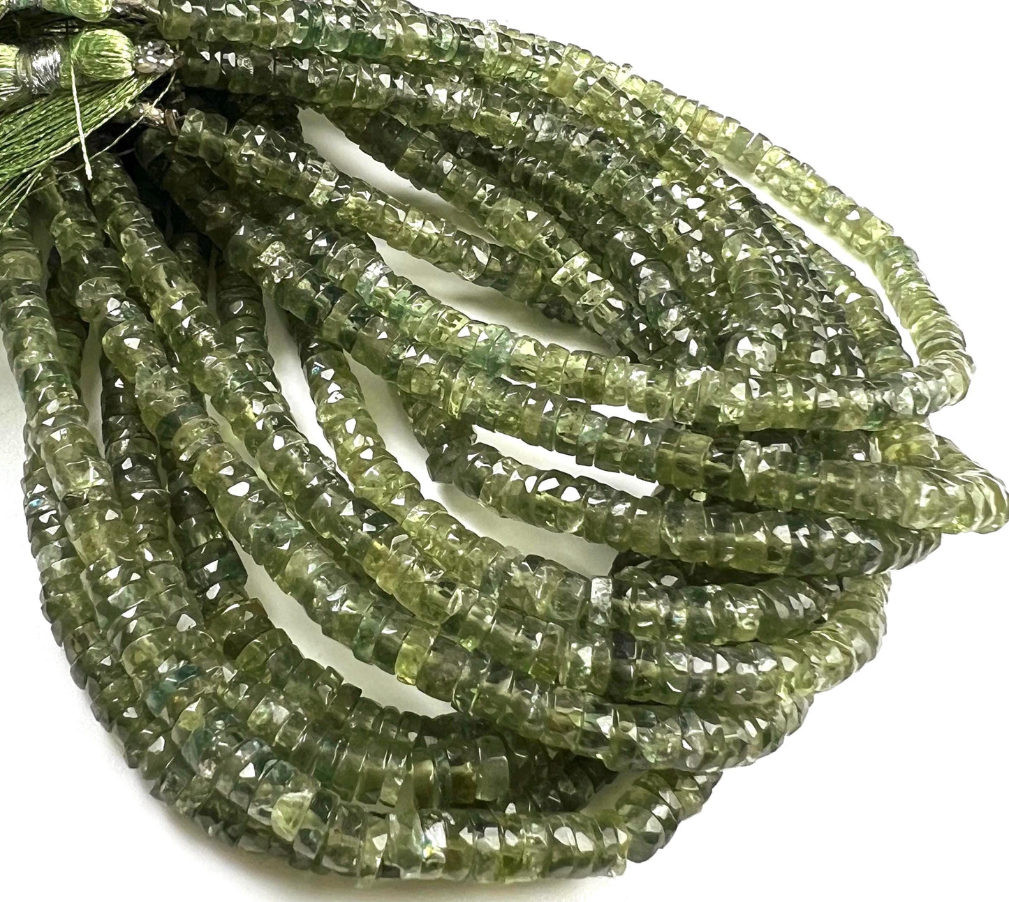 Natural Green Apatite Heishi Weel faceted handcut roundel beads for jewelry making 5mm 8” organic strand