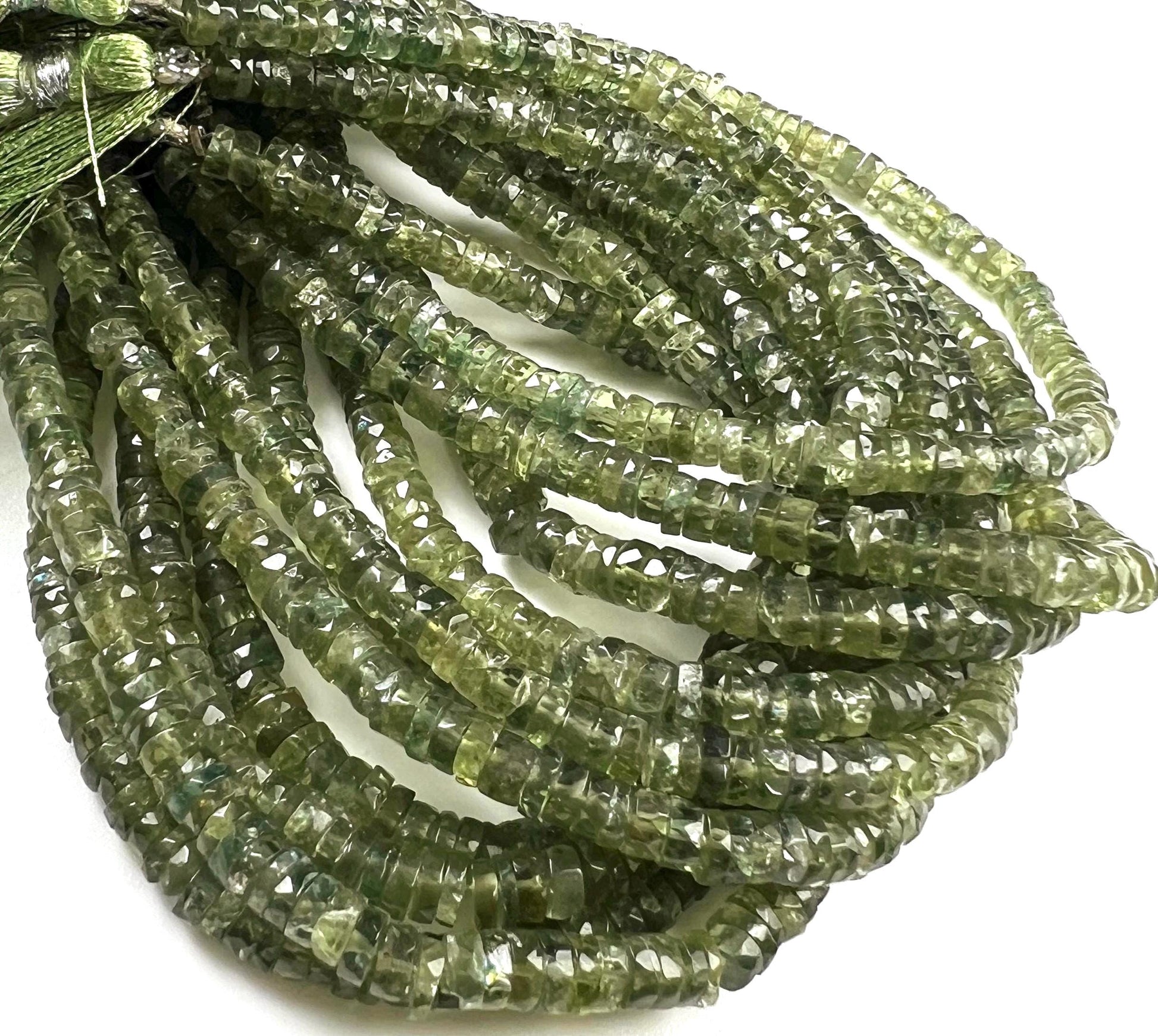 Natural Green Apatite Heishi Weel faceted handcut roundel beads for jewelry making 5mm 8” organic strand