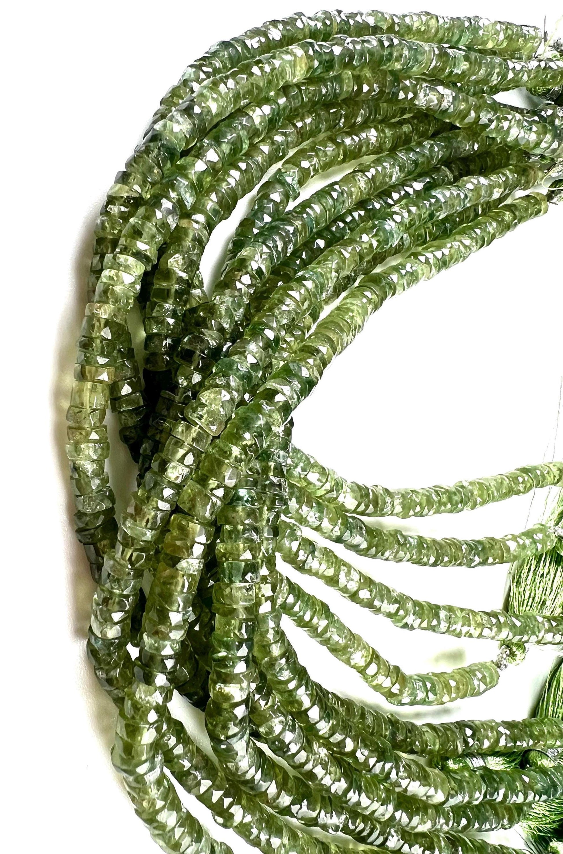 Natural Green Apatite Heishi Weel faceted handcut roundel beads for jewelry making 5mm 8” organic strand