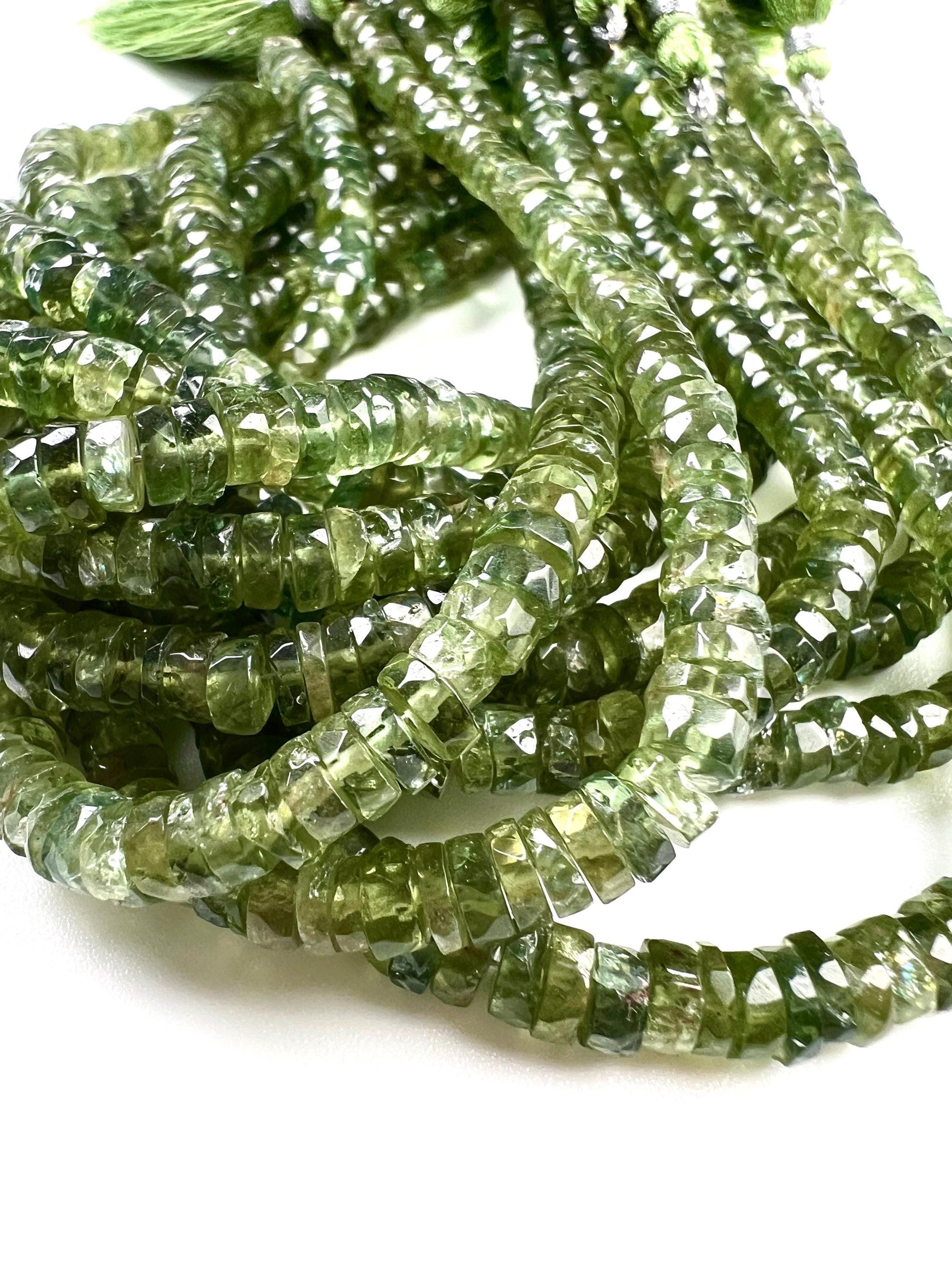 Natural Green Apatite Heishi Weel faceted handcut roundel beads for jewelry making 5mm 8” organic strand