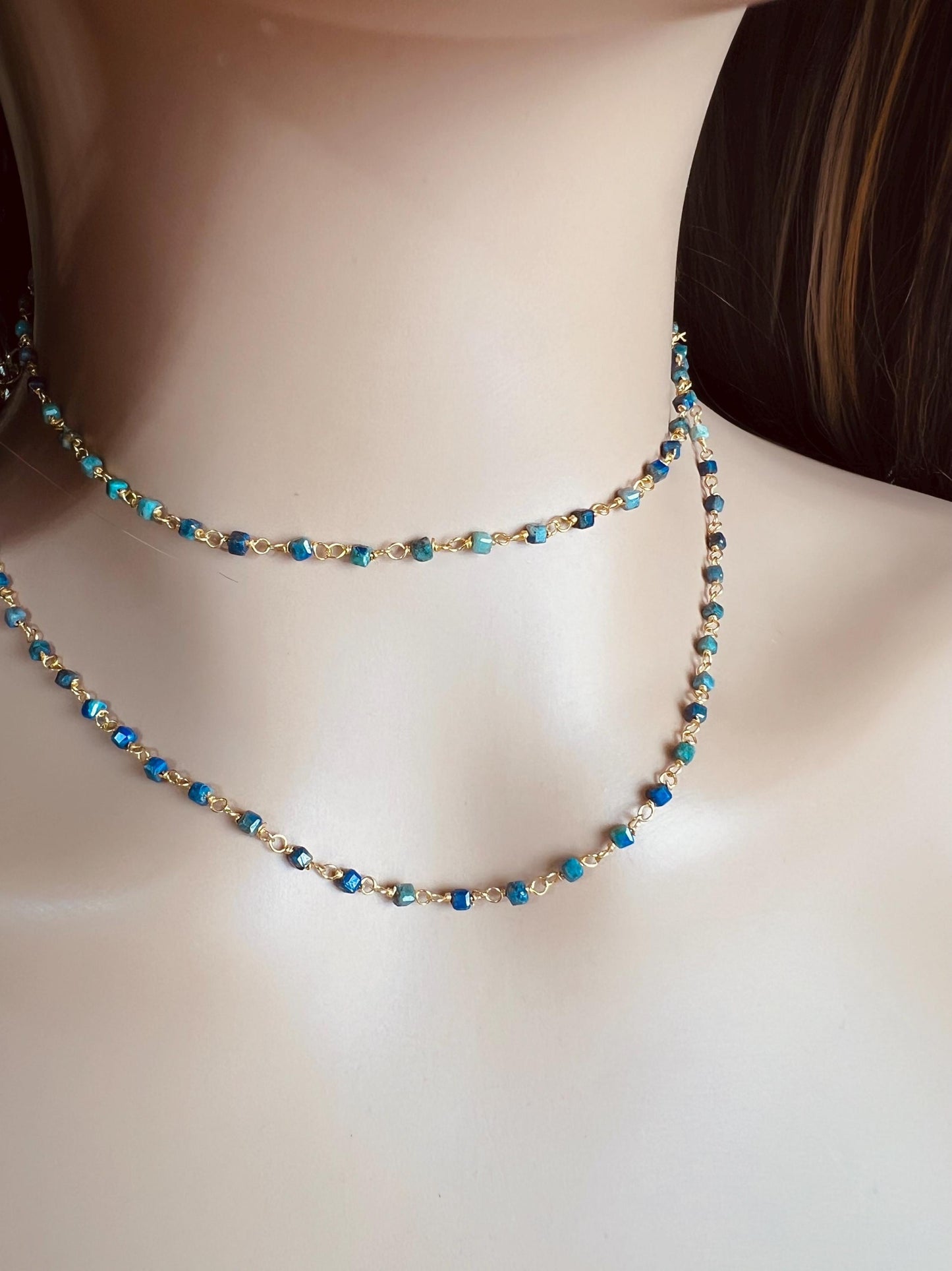 Chrysocolla square cube shape Wire Wrapped handmade gold gold Necklace, choker, layering , Holiday Gift, 14"- 30". Very beautiful
