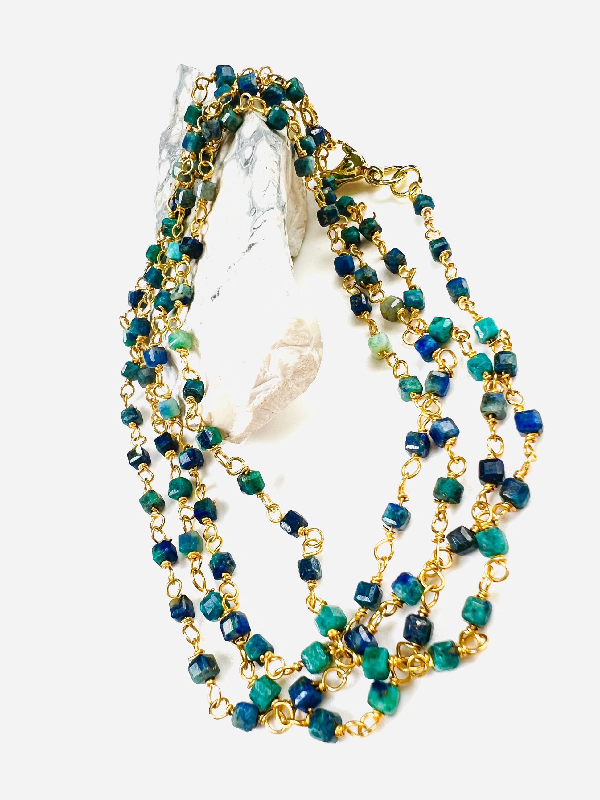 Chrysocolla square cube shape Wire Wrapped handmade gold gold Necklace, choker, layering , Holiday Gift, 14"- 30". Very beautiful