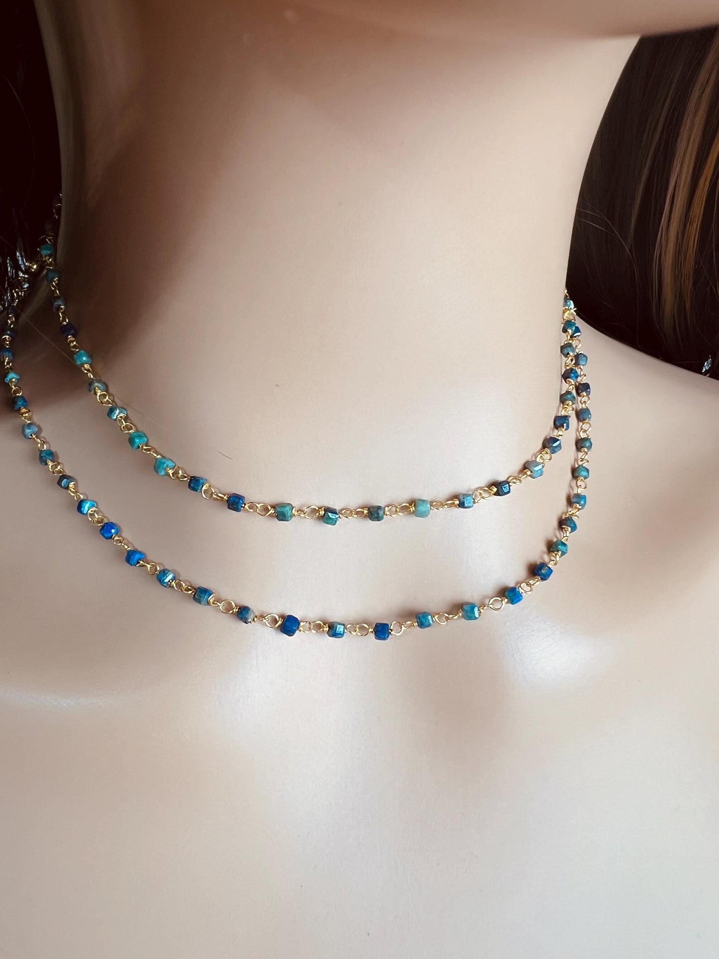 Chrysocolla square cube shape Wire Wrapped handmade gold gold Necklace, choker, layering , Holiday Gift, 14"- 30". Very beautiful