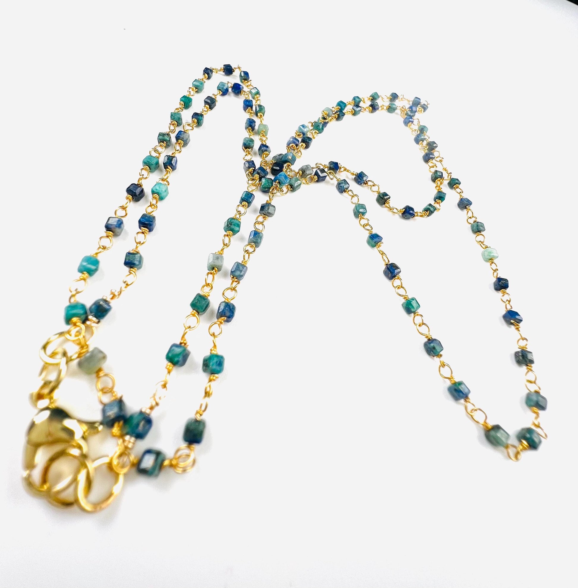 Chrysocolla square cube shape Wire Wrapped handmade gold gold Necklace, choker, layering , Holiday Gift, 14"- 30". Very beautiful