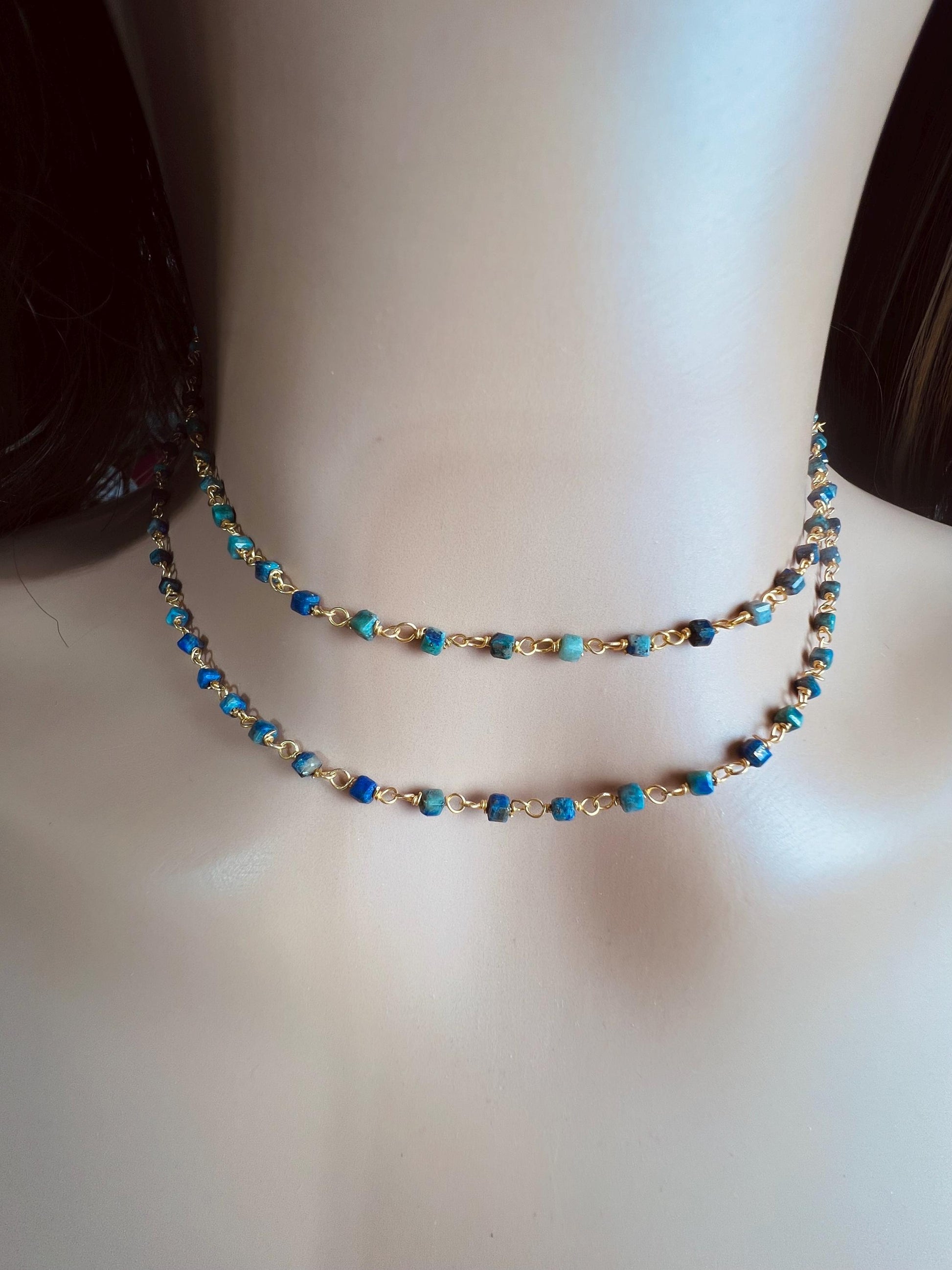 Chrysocolla square cube shape Wire Wrapped handmade gold gold Necklace, choker, layering , Holiday Gift, 14"- 30". Very beautiful