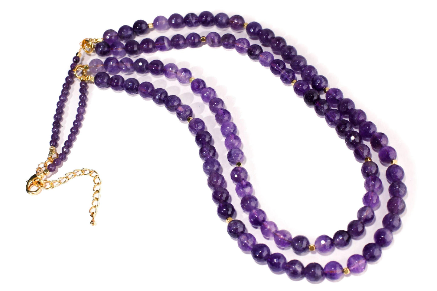 Natural Amethyst Purple 8mm Faceted Double Layered Front and 4mm Faceted Back Total 18" and 20" 2 Layer Gold Necklace Plus 2" Extension