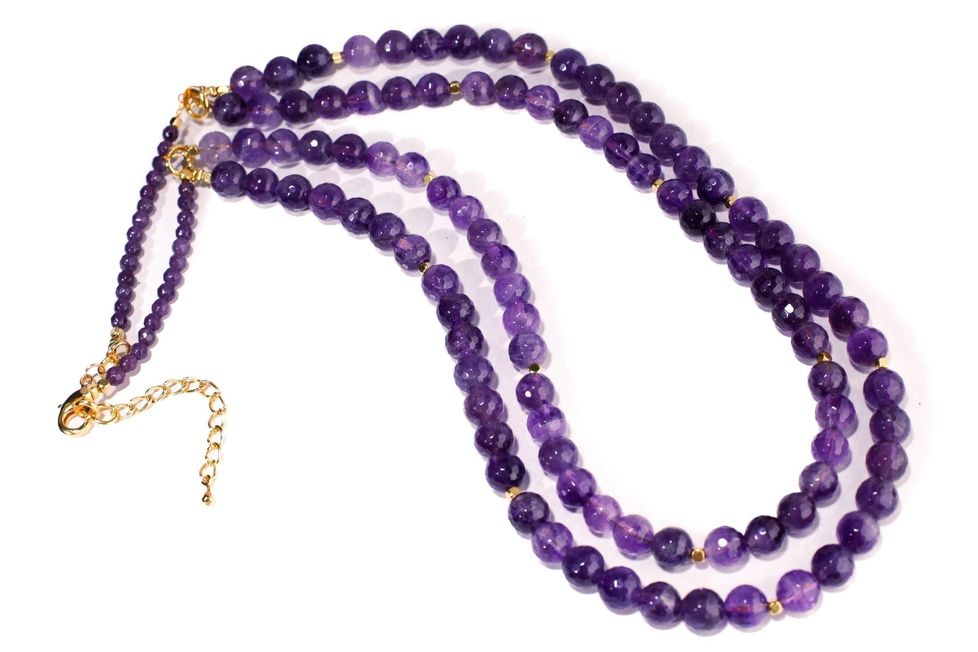 Natural Amethyst Purple 8mm Faceted Double Layered Front and 4mm Faceted Back Total 18" and 20" 2 Layer Gold Necklace Plus 2" Extension