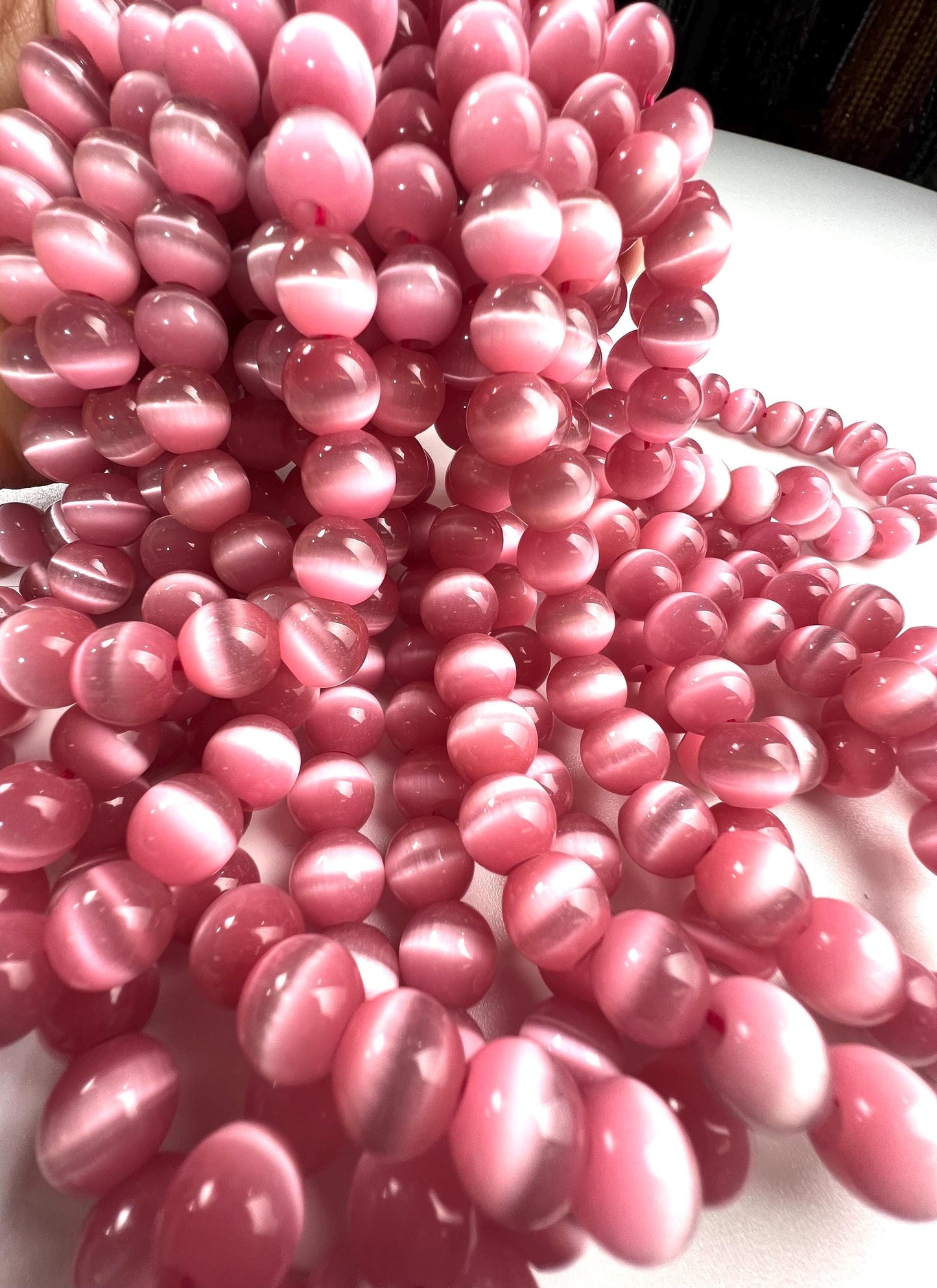 Pink Cat’s Eye 10mm smooth round large hole beads 14” strand 38 pcs