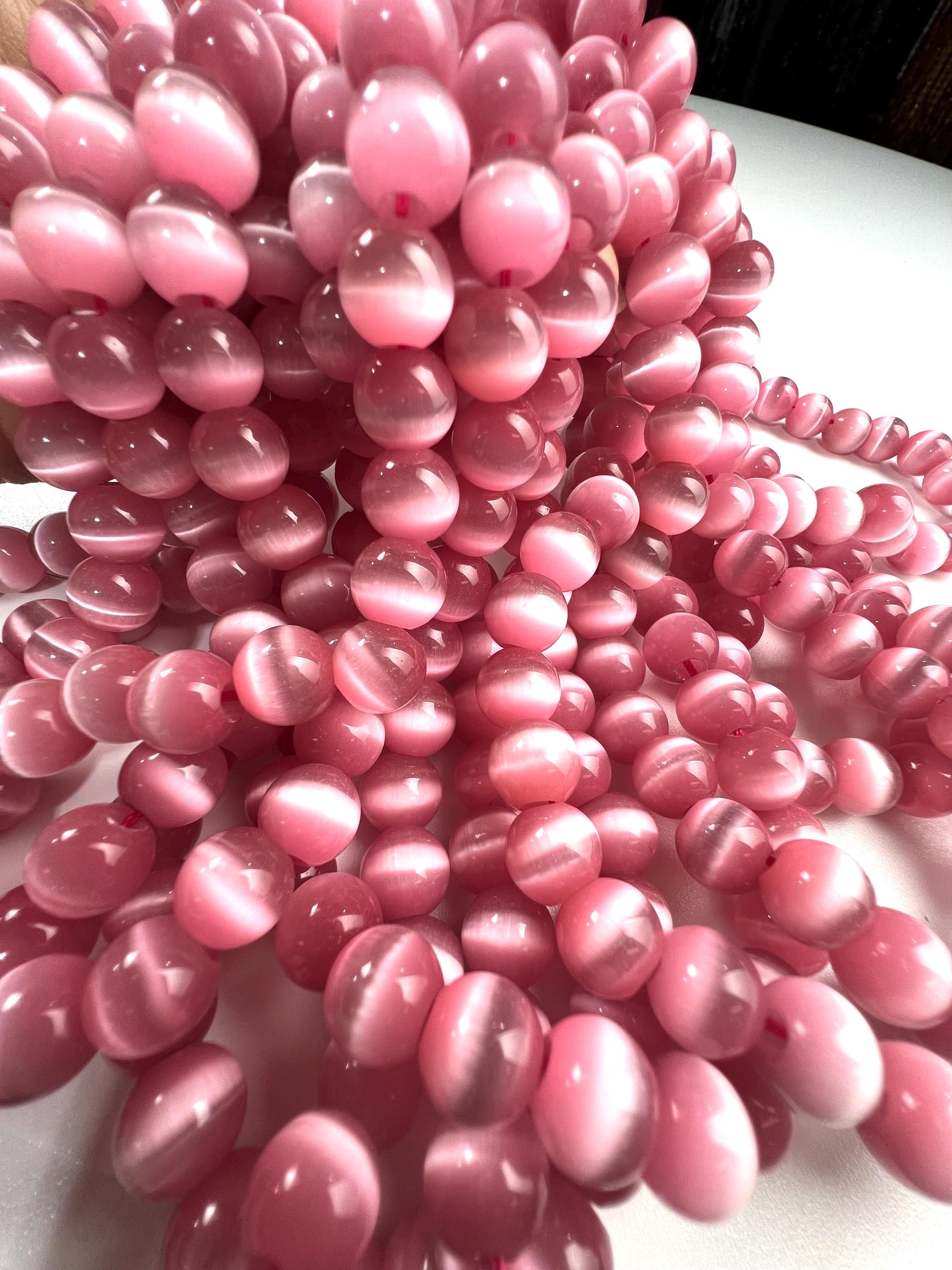 Pink Cat’s Eye 10mm smooth round large hole beads 14” strand 38 pcs