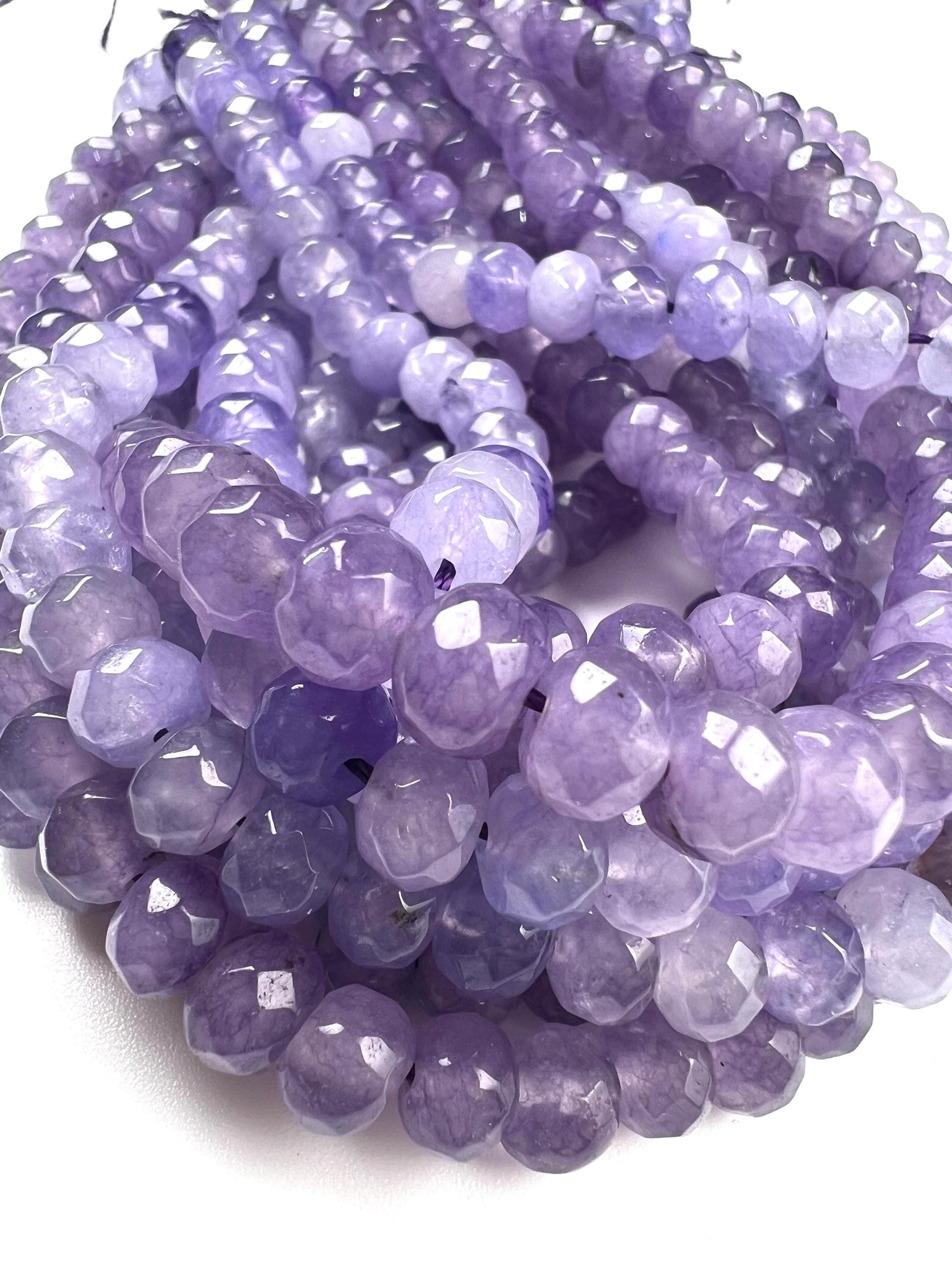 Lavender purple jade faceted Roundel 7.5mm beautiful violet shaded jewelry making beads 14” full strand