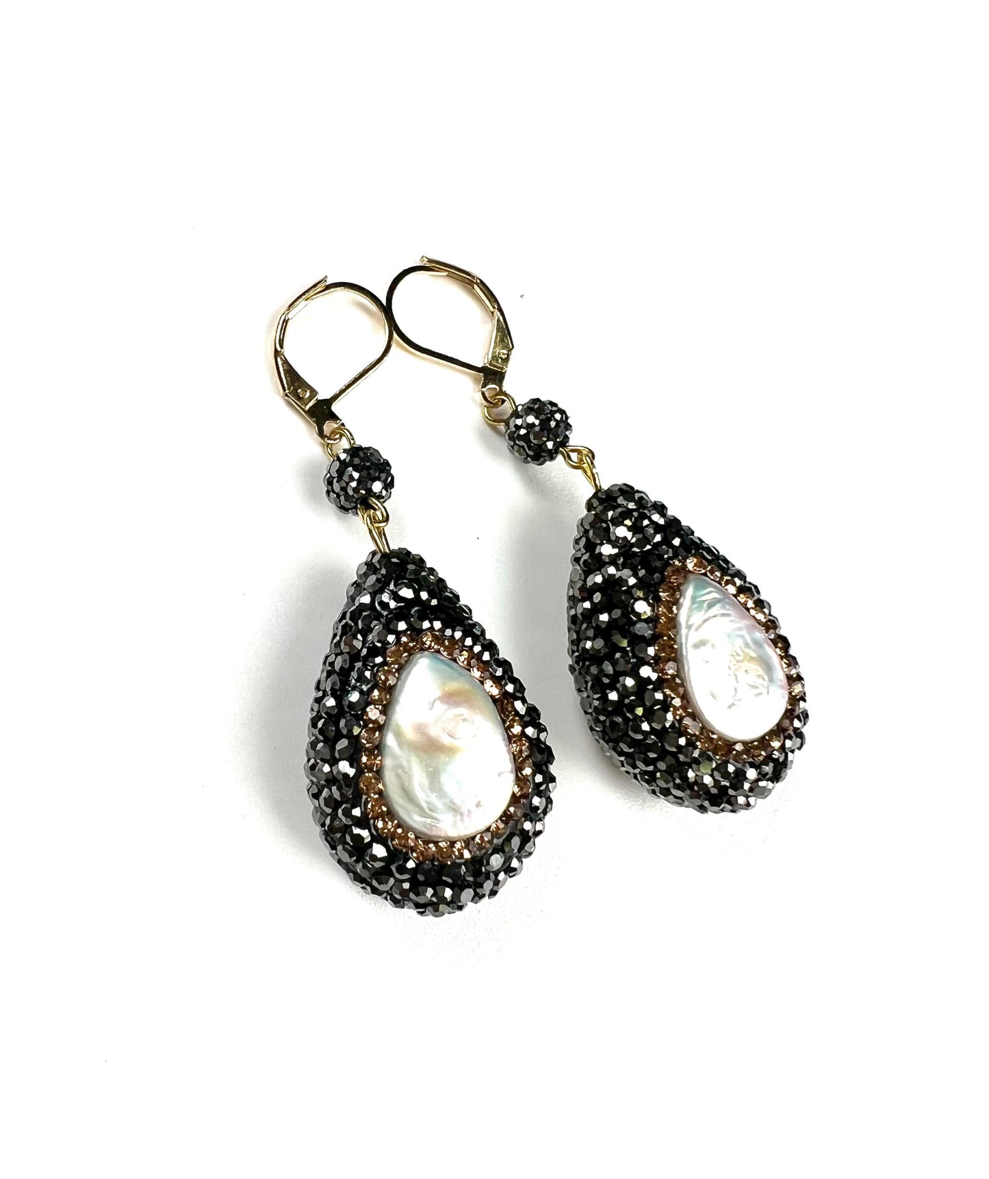 Freshwater coin pearl setting Pave crystal Puff oval drop 20x29mm dangling gold earring. Large and light wt beautiful earrings