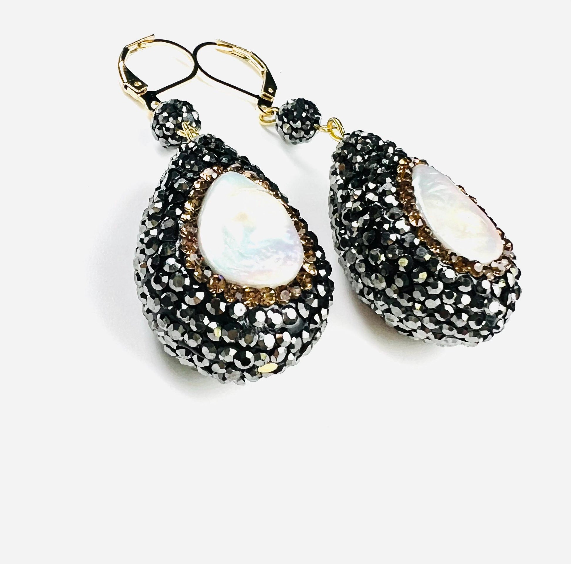 Freshwater coin pearl setting Pave crystal Puff oval drop 20x29mm dangling gold earring. Large and light wt beautiful earrings