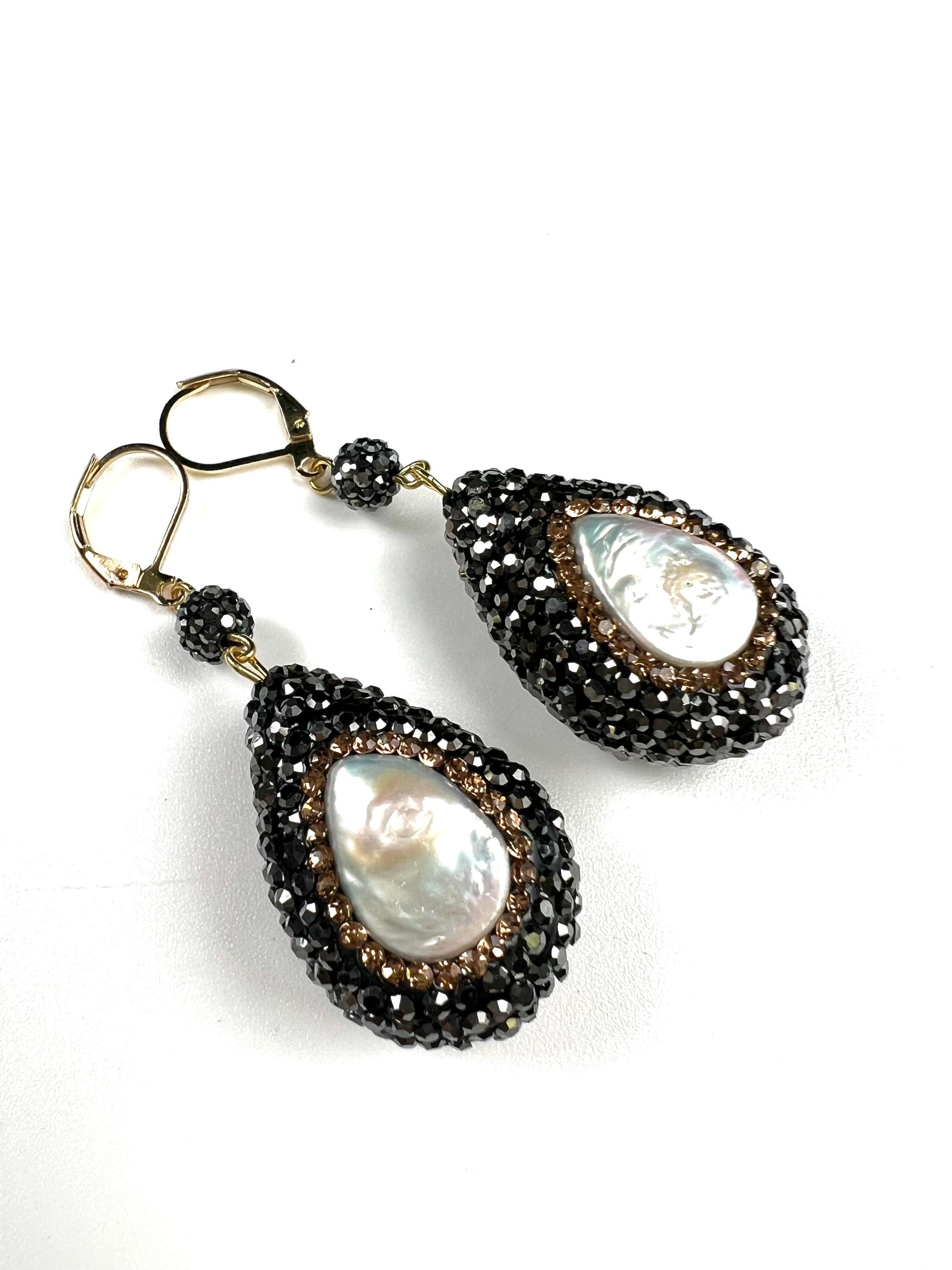 Freshwater coin pearl setting Pave crystal Puff oval drop 20x29mm dangling gold earring. Large and light wt beautiful earrings