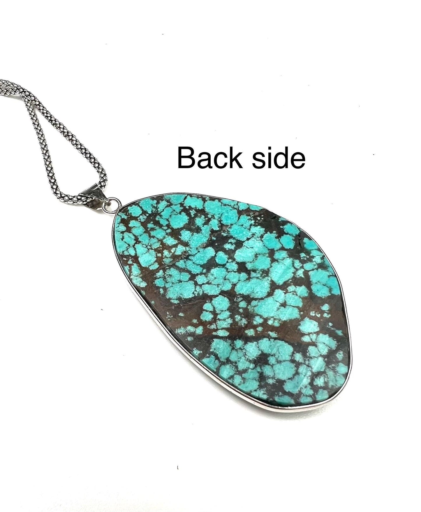 Natural Turquoise Pendant, Genuine AAA Tibetan Spiderweb Turquoise sterling Silver Bezel Pendant. Include rhodium chain vintage gift