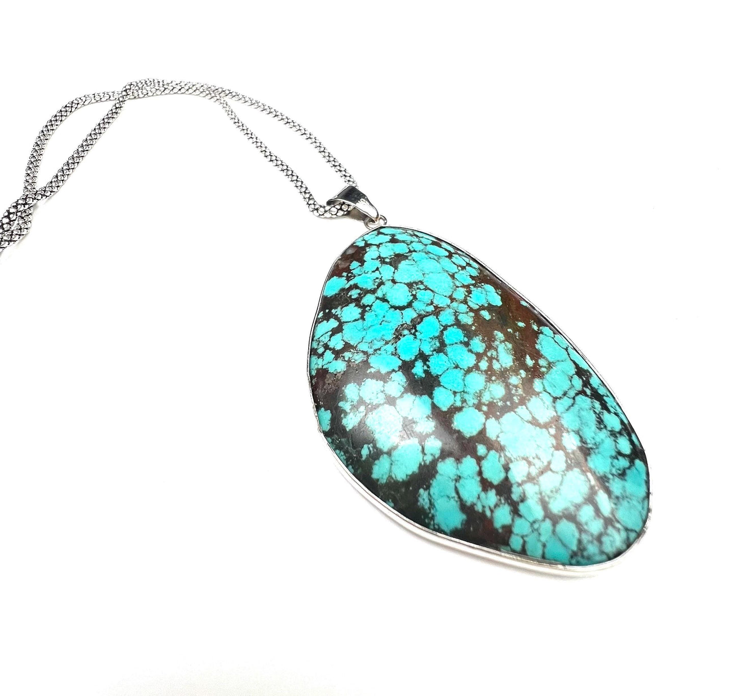 Natural Turquoise Pendant, Genuine AAA Tibetan Spiderweb Turquoise sterling Silver Bezel Pendant. Include rhodium chain vintage gift