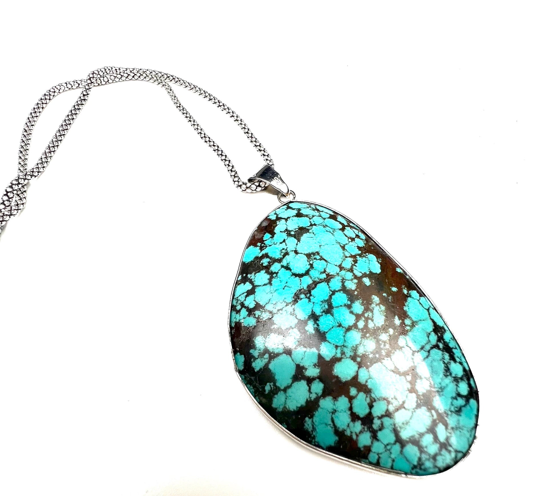 Natural Turquoise Pendant, Genuine AAA Tibetan Spiderweb Turquoise sterling Silver Bezel Pendant. Include rhodium chain vintage gift