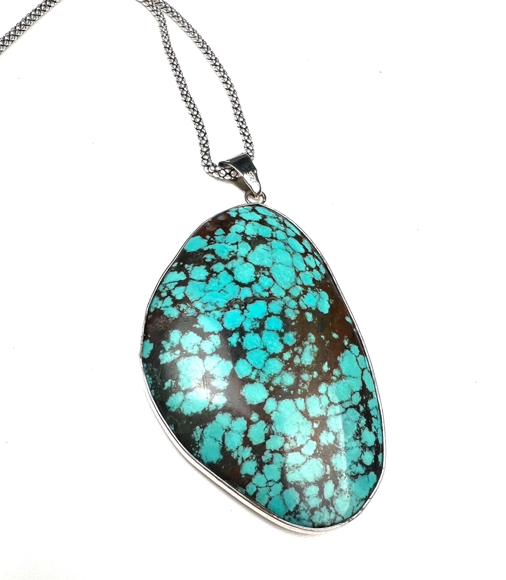 Natural Turquoise Pendant, Genuine AAA Tibetan Spiderweb Turquoise sterling Silver Bezel Pendant. Include rhodium chain vintage gift