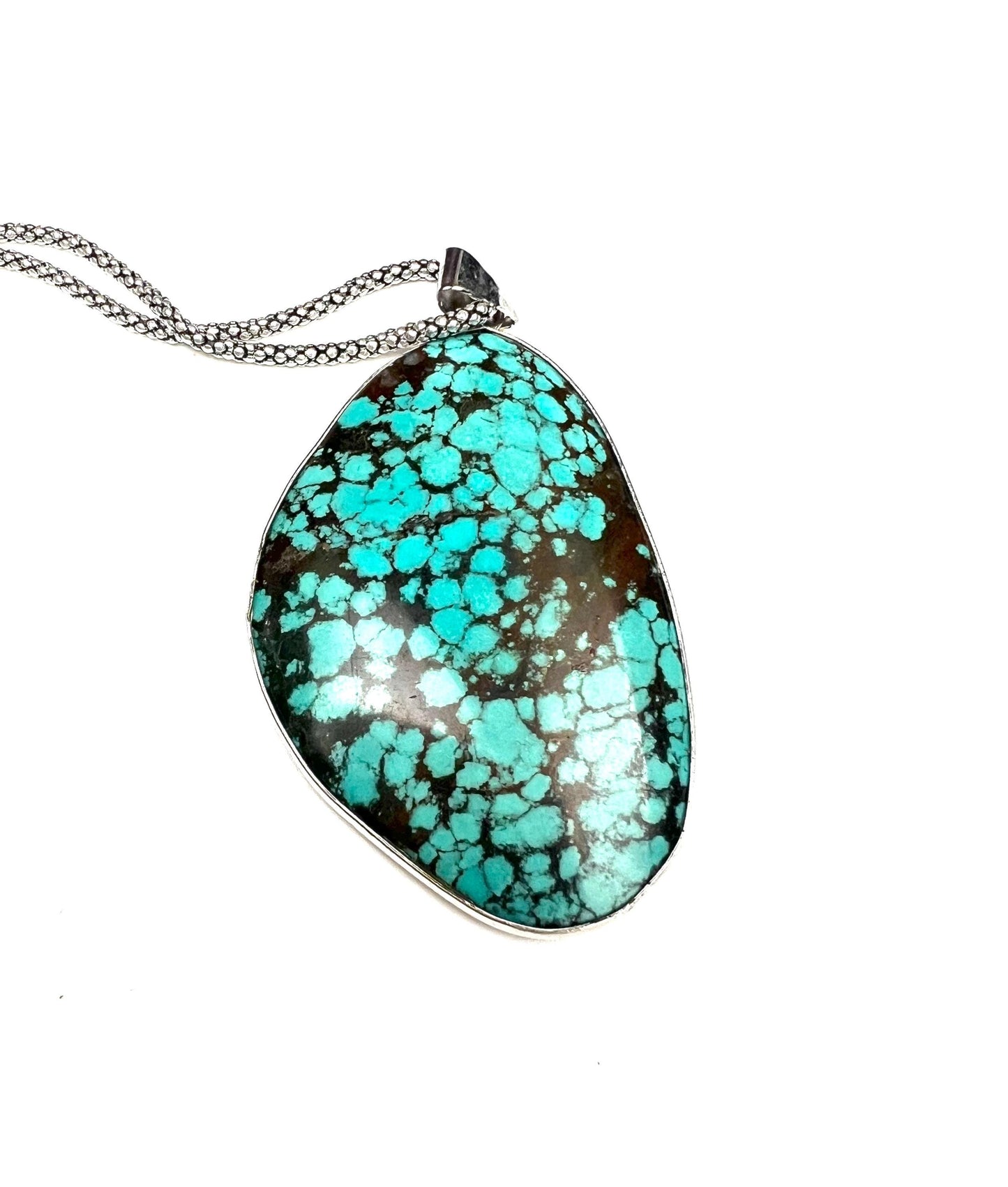 Natural Turquoise Pendant, Genuine AAA Tibetan Spiderweb Turquoise sterling Silver Bezel Pendant. Include rhodium chain vintage gift