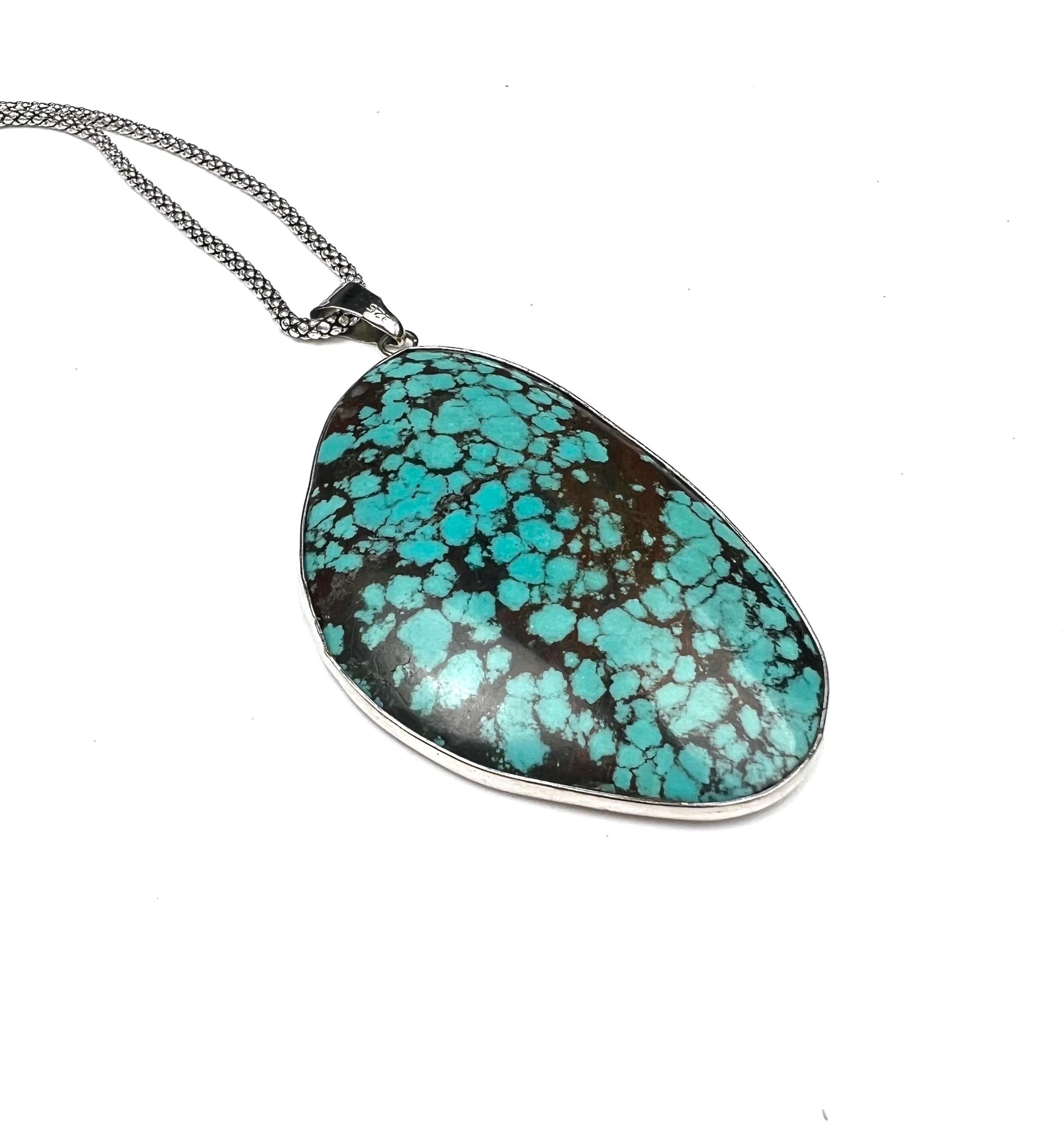 Natural Turquoise Pendant, Genuine AAA Tibetan Spiderweb Turquoise sterling Silver Bezel Pendant. Include rhodium chain vintage gift