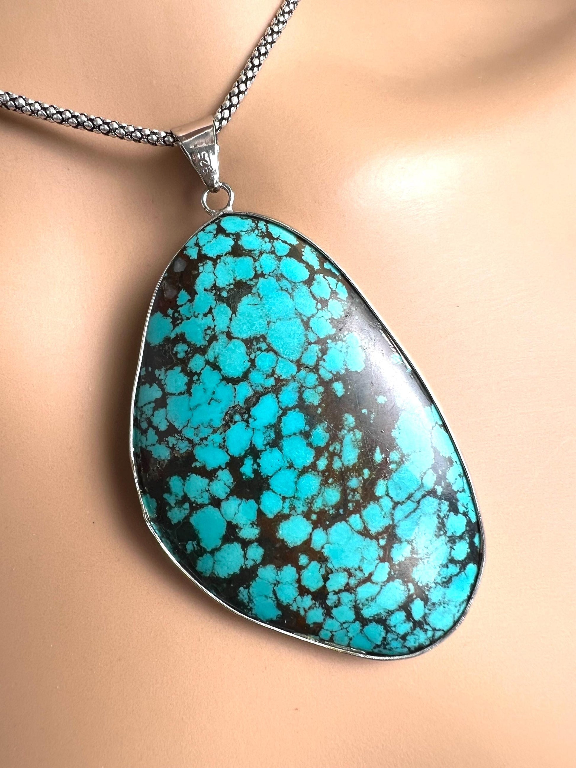 Natural Turquoise Pendant, Genuine AAA Tibetan Spiderweb Turquoise sterling Silver Bezel Pendant. Include rhodium chain vintage gift