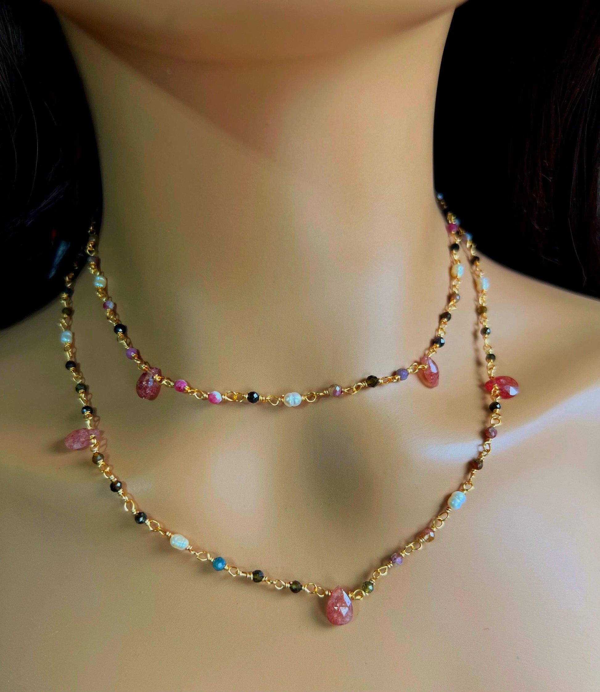 Natural Tourmaline freshwater pearl and natural Strawberry Quartz handmade Necklace , 18k gold vermeil ,Valentine Gift,