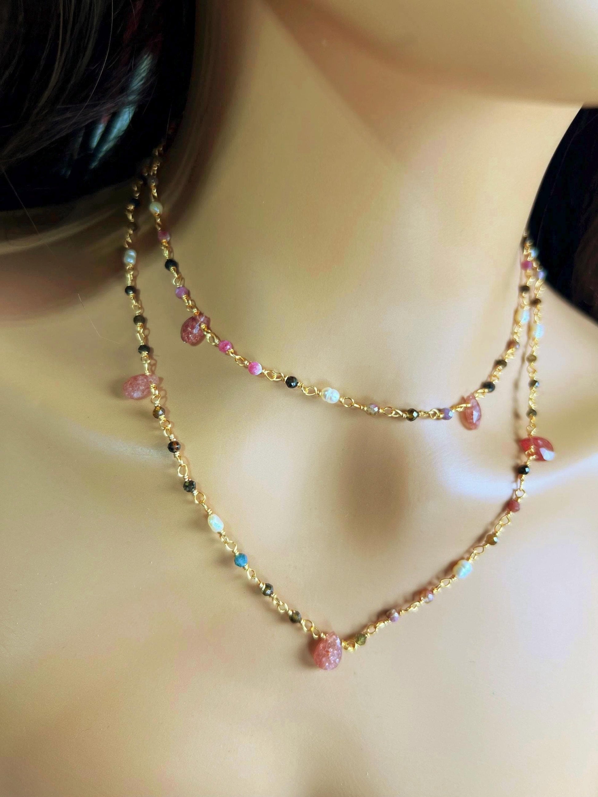 Natural Tourmaline freshwater pearl and natural Strawberry Quartz handmade Necklace , 18k gold vermeil ,Valentine Gift,
