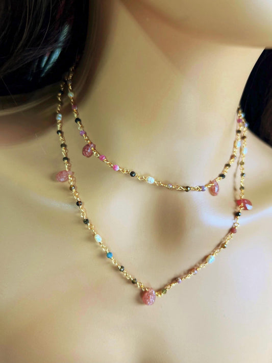 Natural Tourmaline freshwater pearl and natural Strawberry Quartz handmade Necklace , 18k gold vermeil ,Valentine Gift,
