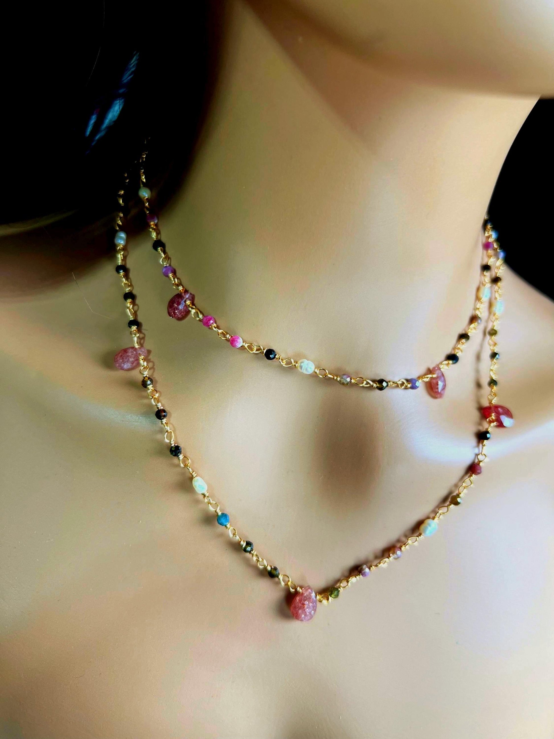 Natural Tourmaline freshwater pearl and natural Strawberry Quartz handmade Necklace , 18k gold vermeil ,Valentine Gift,