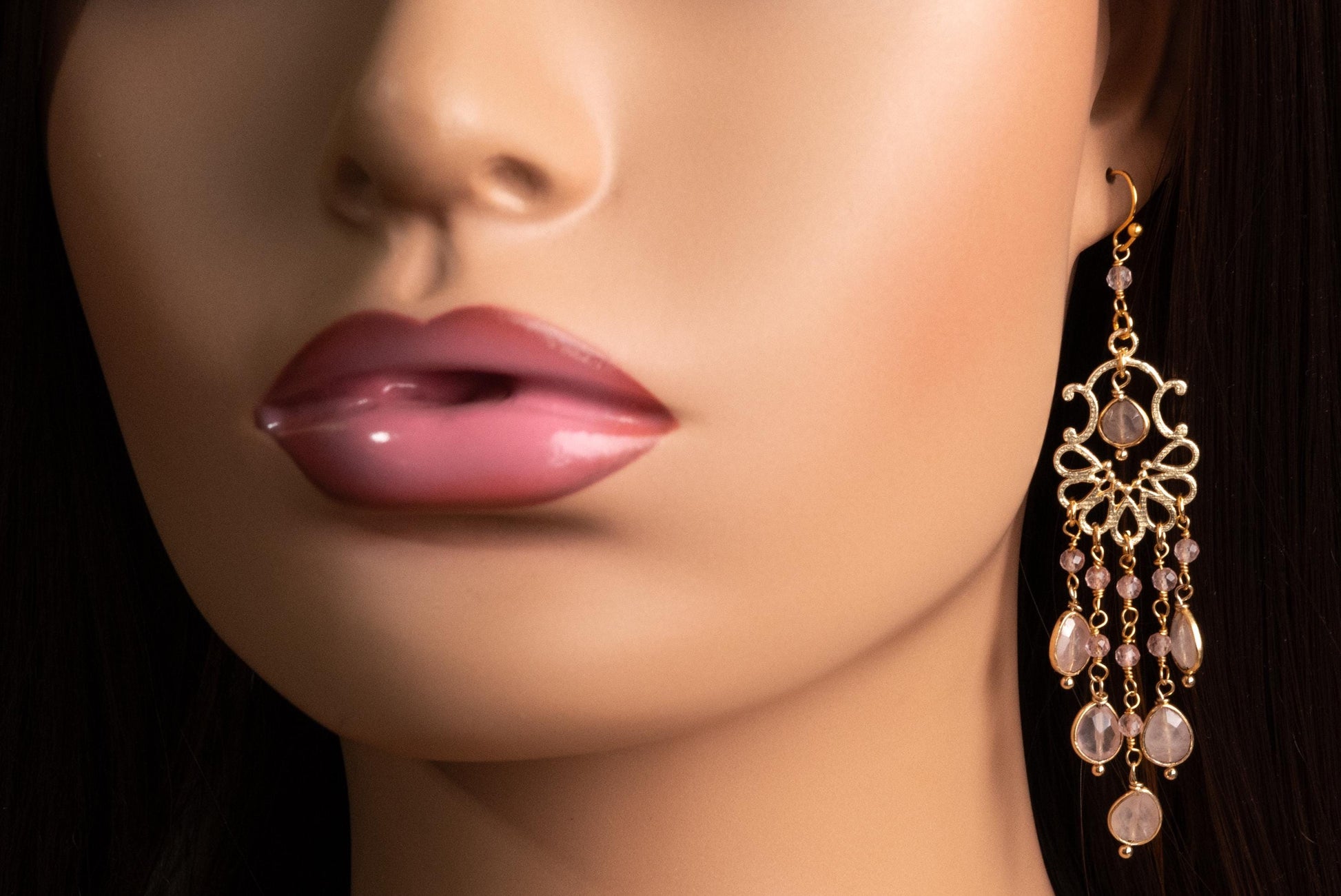 Natural Rose Quartz Dangling Bezel Chandelier in 14K Gold Vermeil Ear wire, January Birthstone, Precious Gift for her