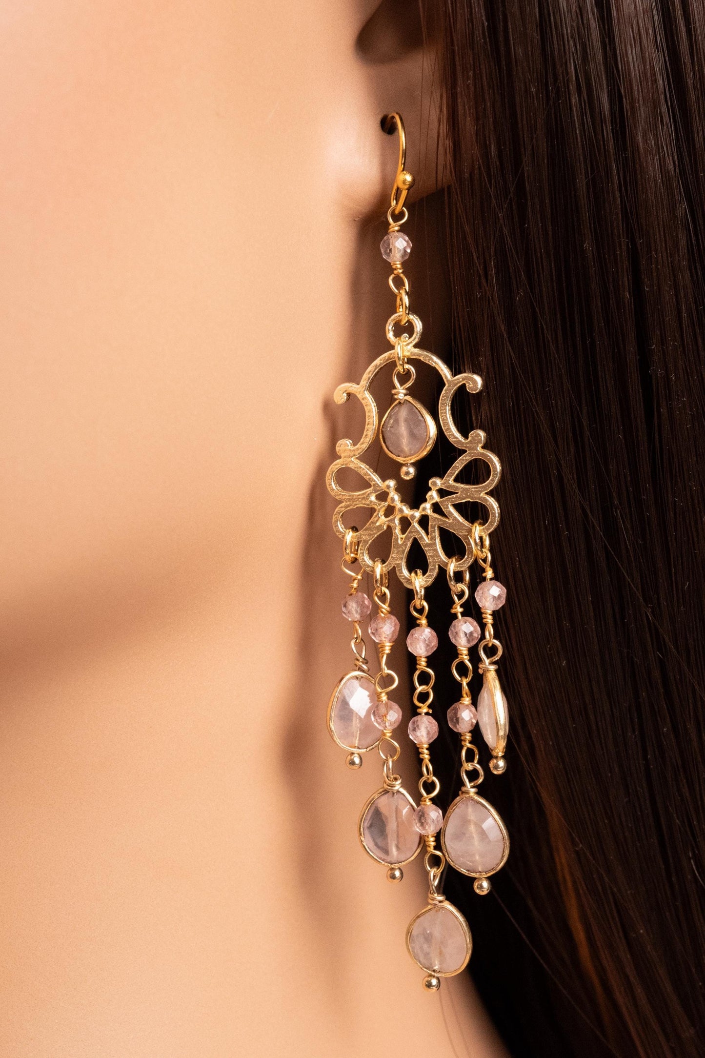 Natural Rose Quartz Dangling Bezel Chandelier in 14K Gold Vermeil Ear wire, January Birthstone, Precious Gift for her