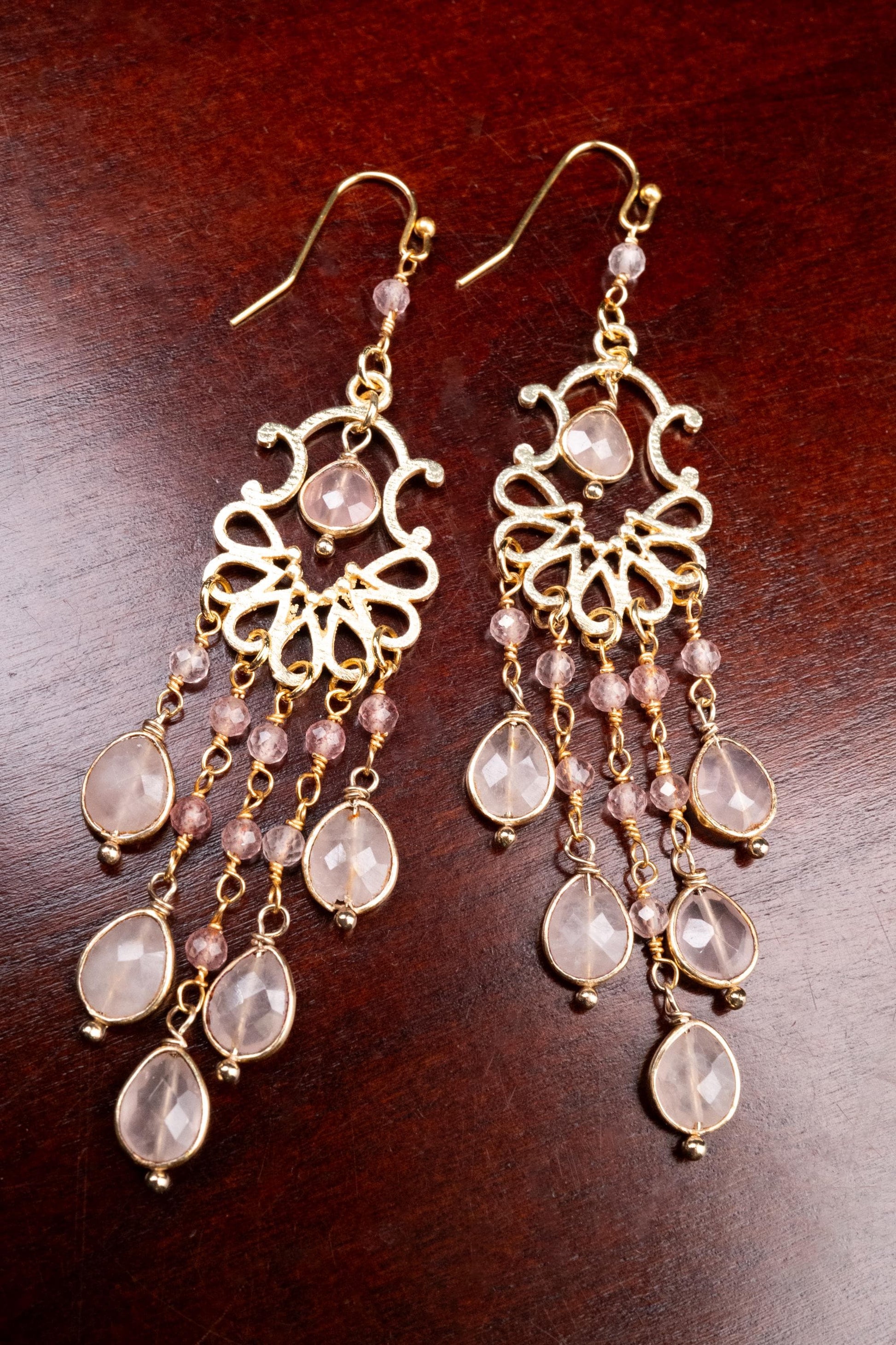 Natural Rose Quartz Dangling Bezel Chandelier in 14K Gold Vermeil Ear wire, January Birthstone, Precious Gift for her