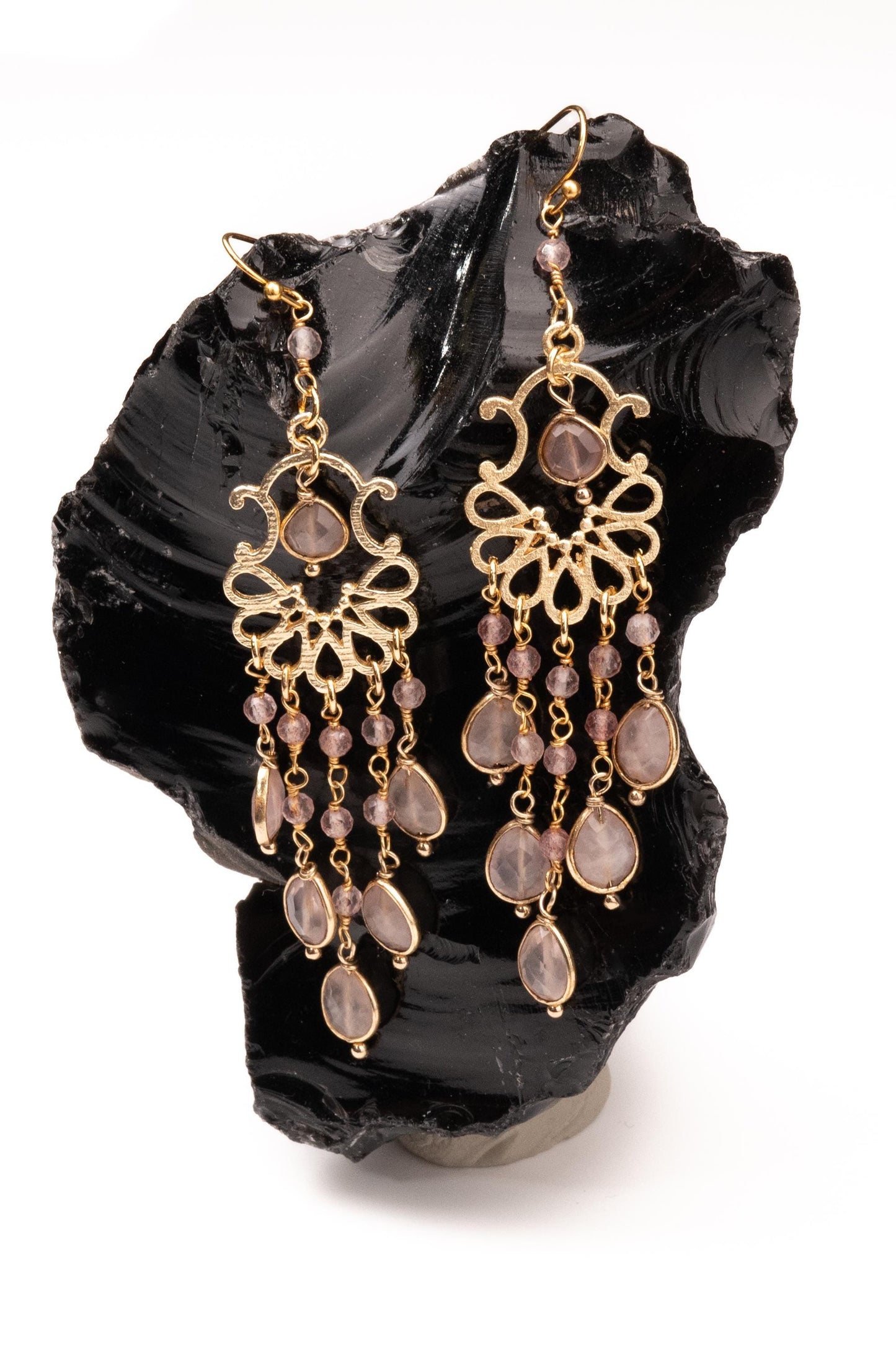 Natural Rose Quartz Dangling Bezel Chandelier in 14K Gold Vermeil Ear wire, January Birthstone, Precious Gift for her