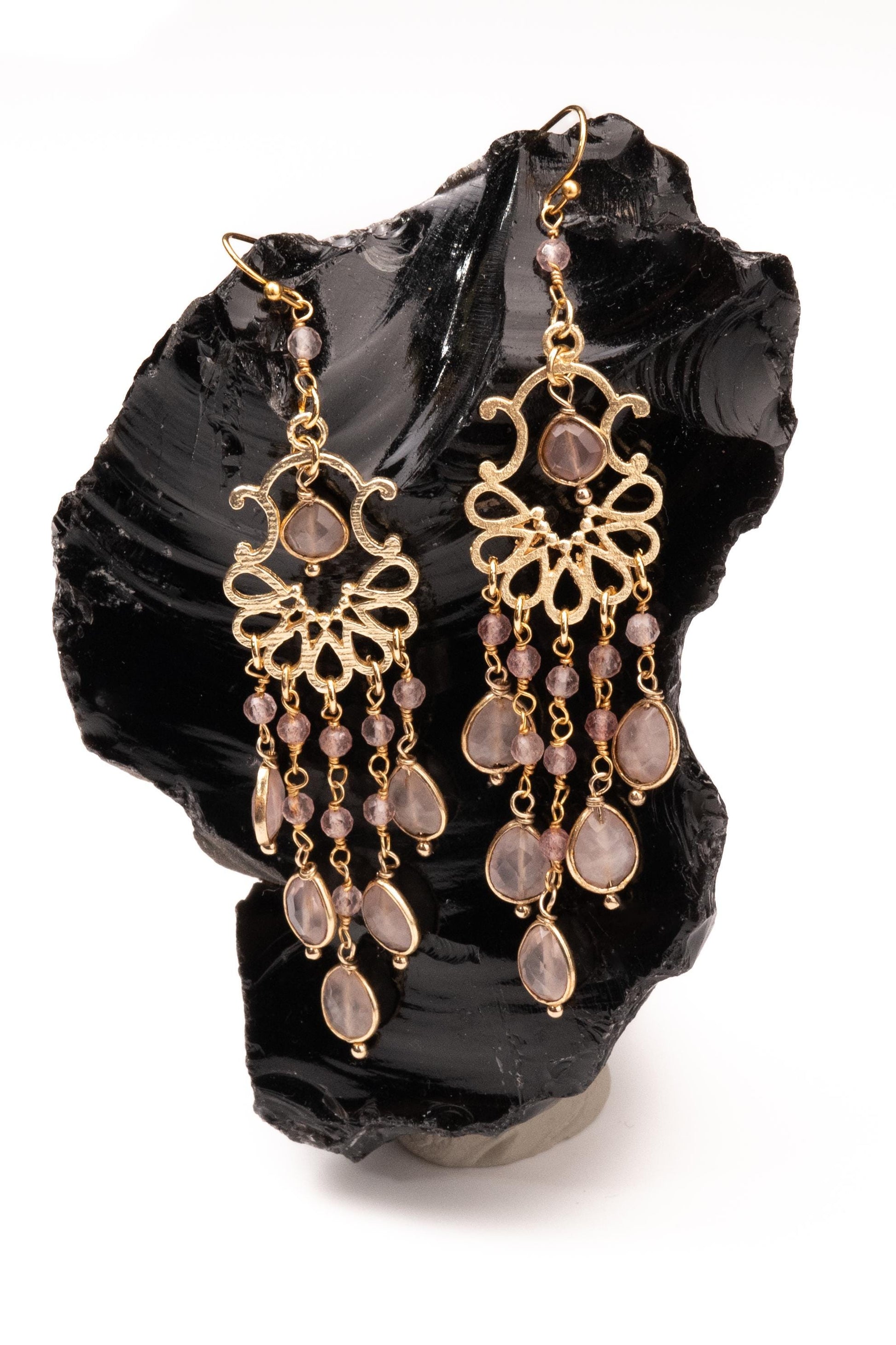 Natural Rose Quartz Dangling Bezel Chandelier in 14K Gold Vermeil Ear wire, January Birthstone, Precious Gift for her