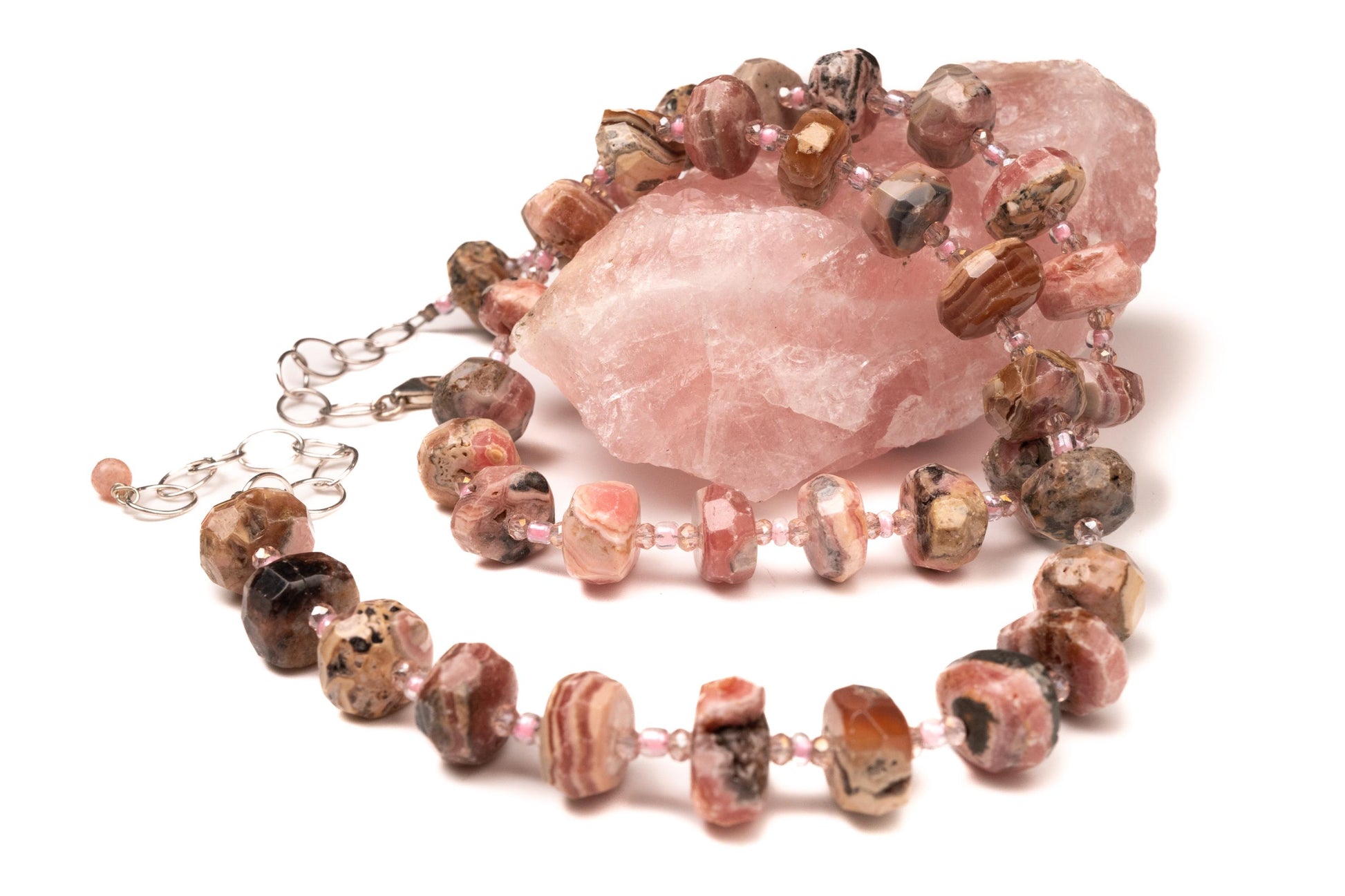 Argentina Rhodochrosite Faceted Rondelle 6x11mm Necklace, Pink Quartz Spacers, 925 Sterling Silver 20.5" Necklace with 2" Extension