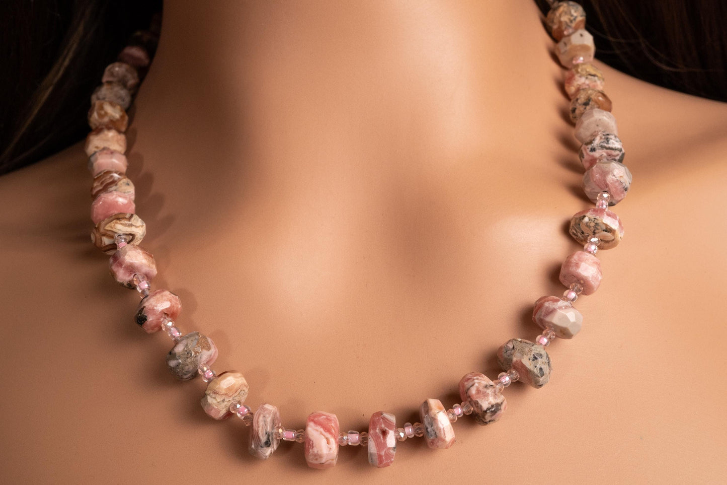 Argentina Rhodochrosite Faceted Rondelle 6x11mm Necklace, Pink Quartz Spacers, 925 Sterling Silver 20.5" Necklace with 2" Extension