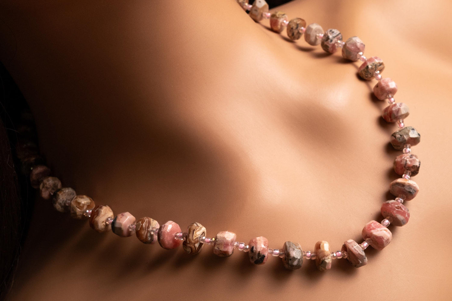 Argentina Rhodochrosite Faceted Rondelle 6x11mm Necklace, Pink Quartz Spacers, 925 Sterling Silver 20.5" Necklace with 2" Extension