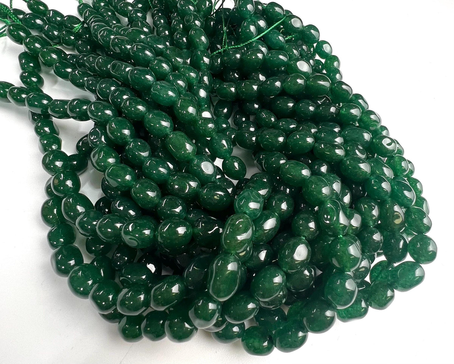 Dark green jade oval smooth 8x10mm beads for jewelry making 14” strand
