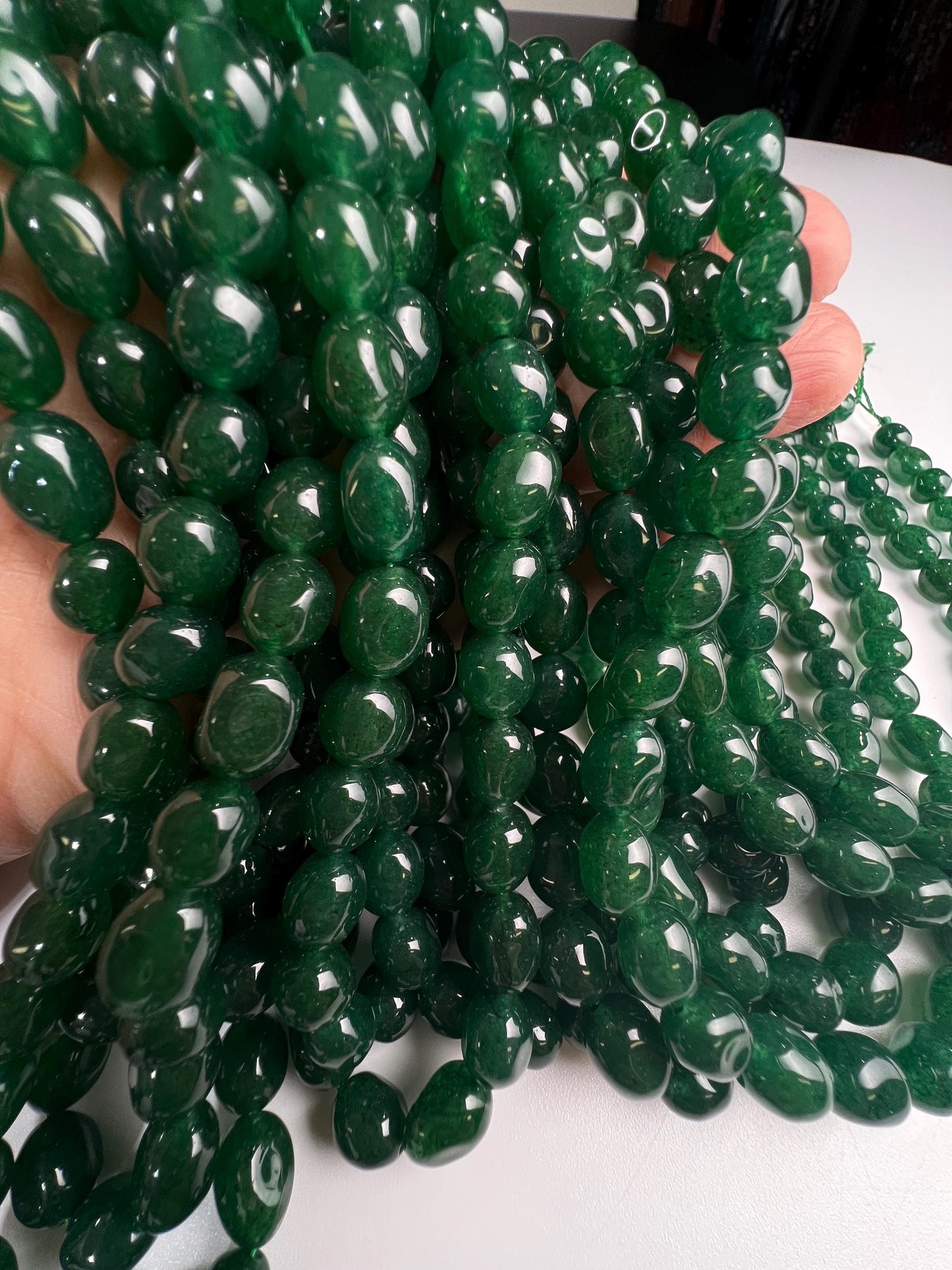 Dark green jade oval smooth 8x10mm beads for jewelry making 14” strand