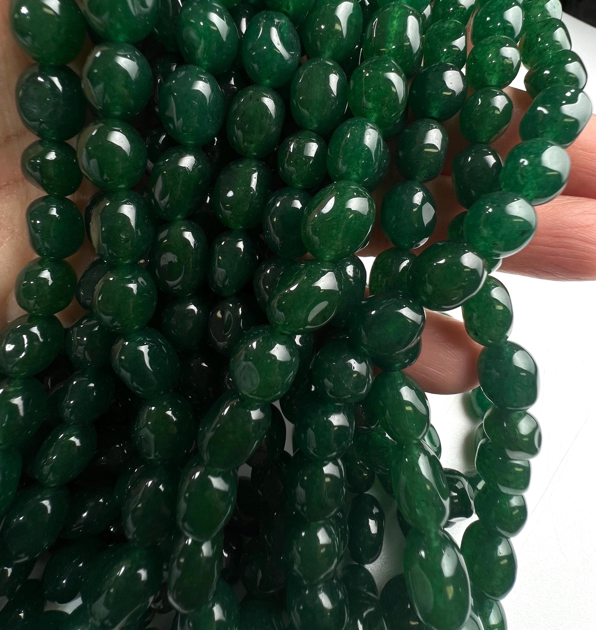 Dark green jade oval smooth 8x10mm beads for jewelry making 14” strand