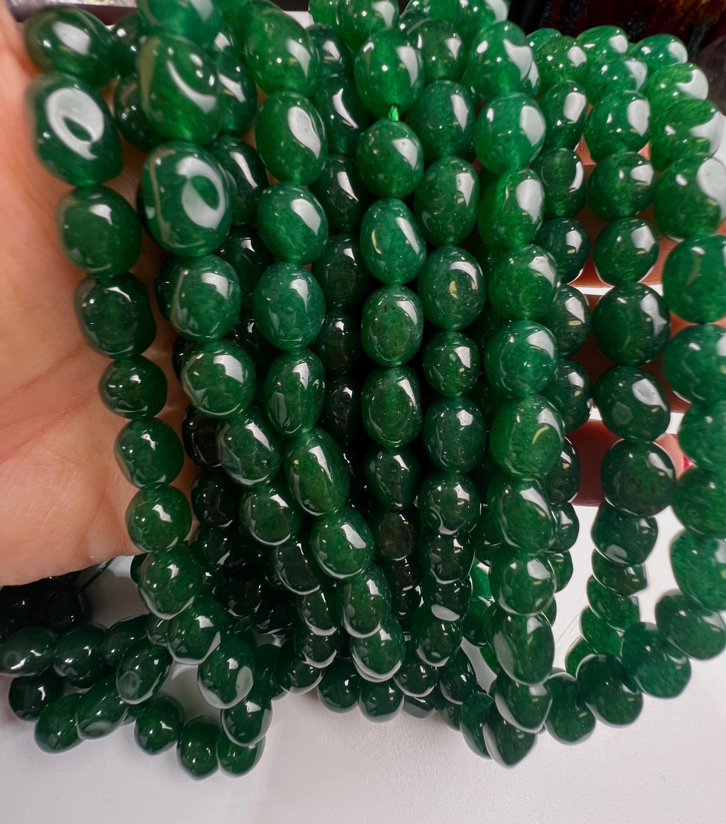 Dark green jade oval smooth 8x10mm beads for jewelry making 14” strand