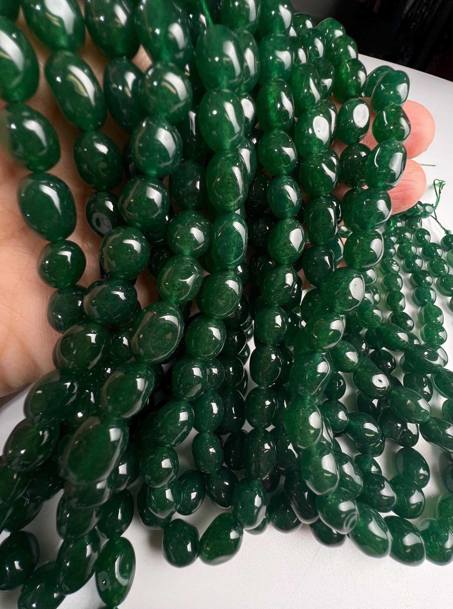 Dark green jade oval smooth 8x10mm beads for jewelry making 14” strand